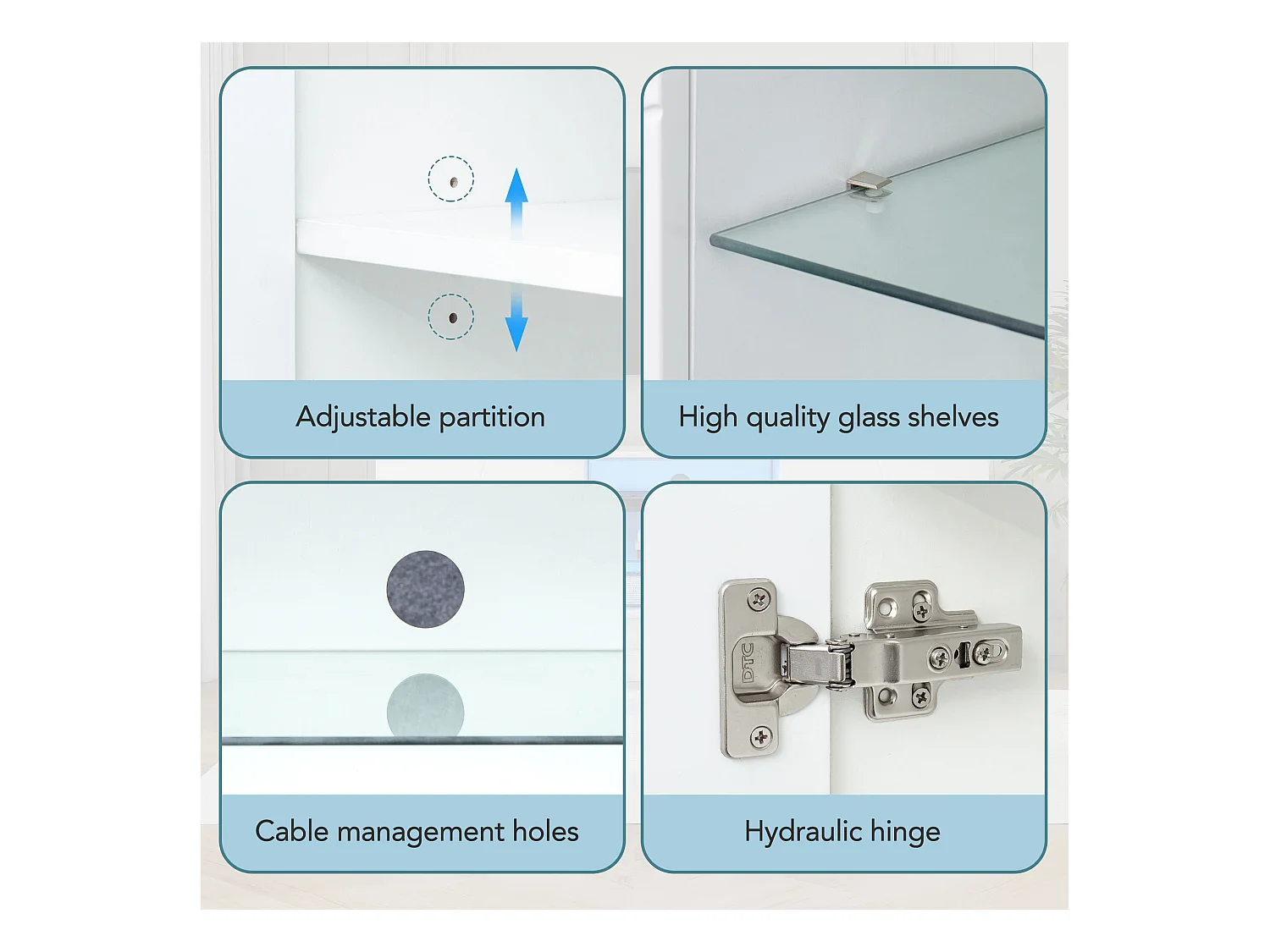 Meuble TV blanc mat avec étagère en verre ajustable, pour TV jusqu'à 70 pouces, rangement pratique avec charnières silencieuses (160x38.5x60cm)