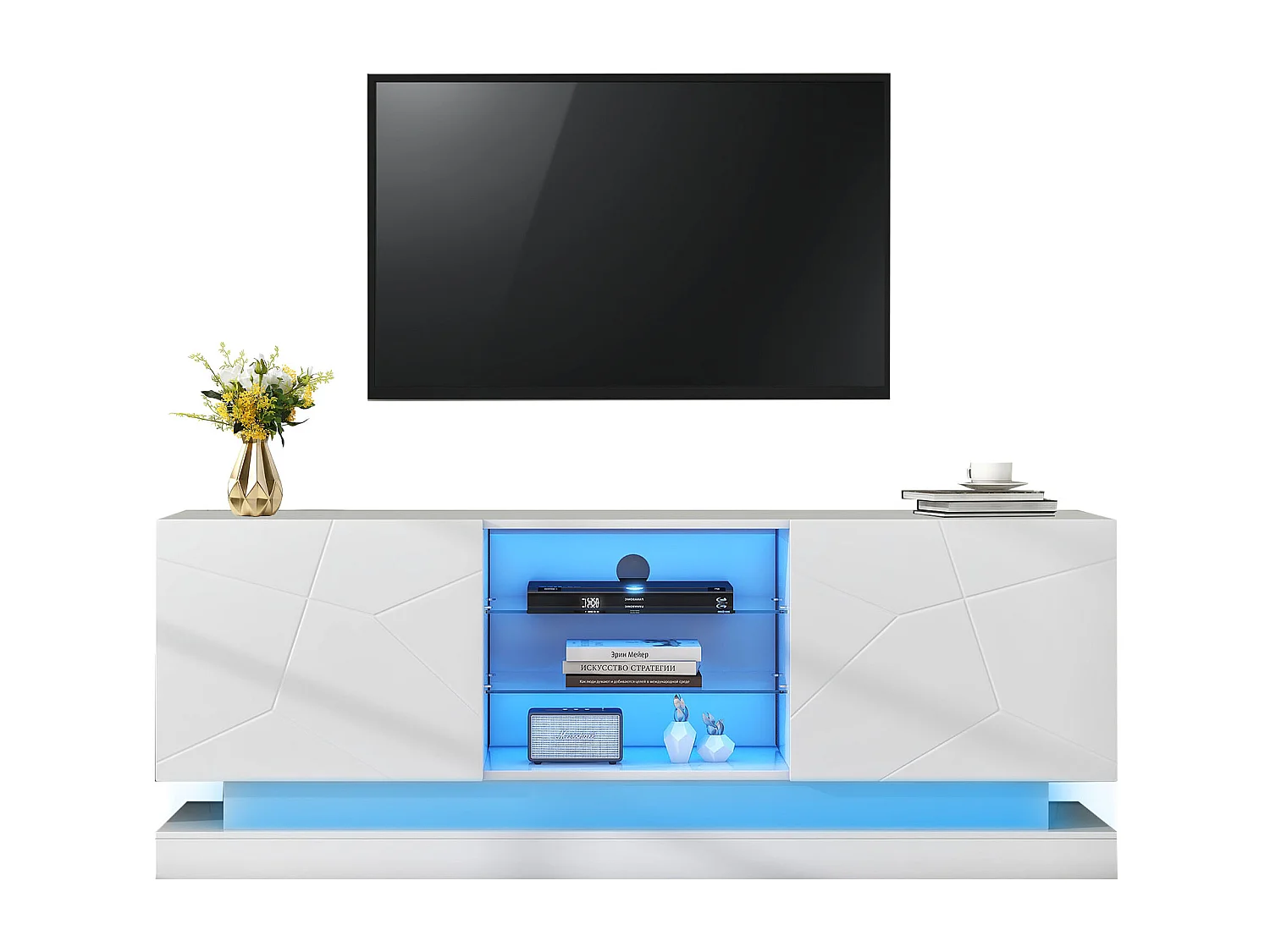 Meuble TV blanc mat avec étagère en verre ajustable, pour TV jusqu'à 70 pouces, rangement pratique avec charnières silencieuses (160x38.5x60cm)