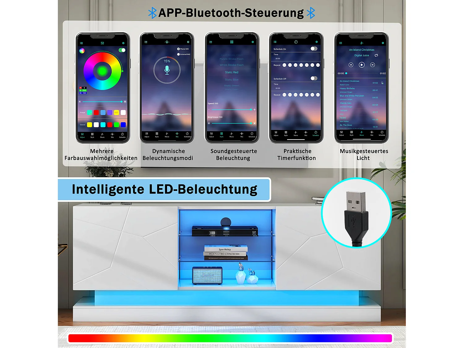 Meuble TV blanc mat avec étagère en verre ajustable, pour TV jusqu'à 70 pouces, rangement pratique avec charnières silencieuses (160x38.5x60cm)