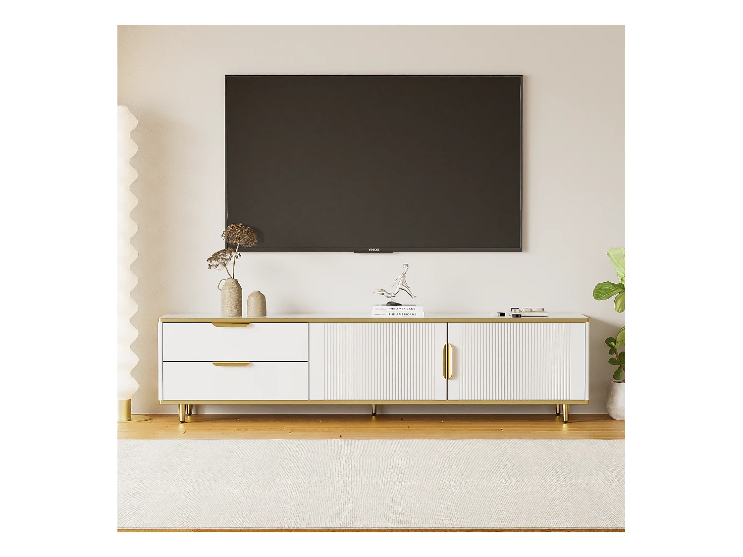 Meuble TV avec portes sculptées, design moderne, MDF, blanc et doré, avec 4 tiroirs et 2 compartiments (175x40x45cm)