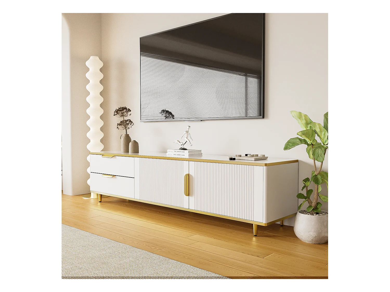 Meuble TV avec portes sculptées, design moderne, MDF, blanc et doré, avec 4 tiroirs et 2 compartiments (175x40x45cm)