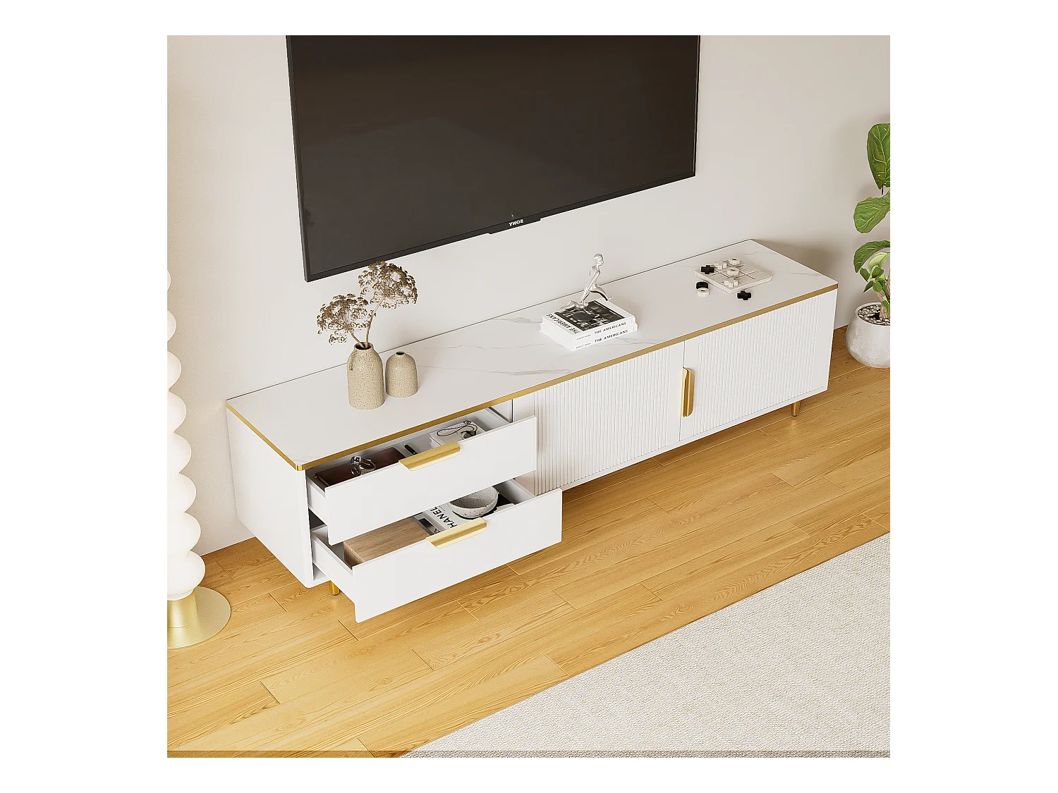 Meuble TV avec portes sculptées, design moderne, MDF, blanc et doré, avec 4 tiroirs et 2 compartiments (175x40x45cm)