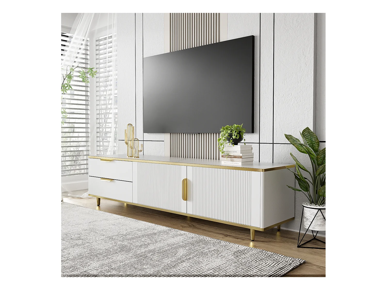 Meuble TV avec portes sculptées, design moderne, MDF, blanc et doré, avec 4 tiroirs et 2 compartiments (175x40x45cm)