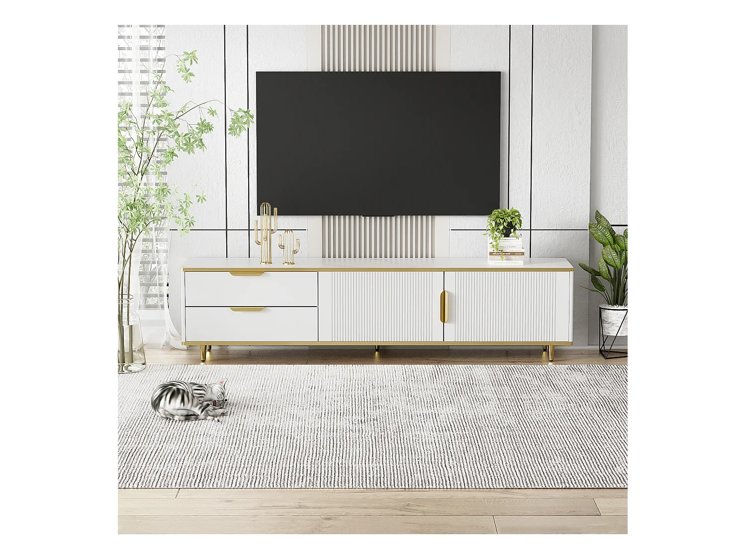 Meuble TV avec portes sculptées, design moderne, MDF, blanc et doré, avec 4 tiroirs et 2 compartiments (175x40x45cm)
