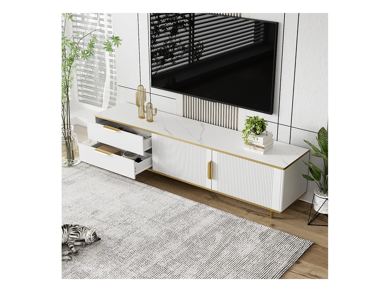 Meuble TV avec portes sculptées, design moderne, MDF, blanc et doré, avec 4 tiroirs et 2 compartiments (175x40x45cm)