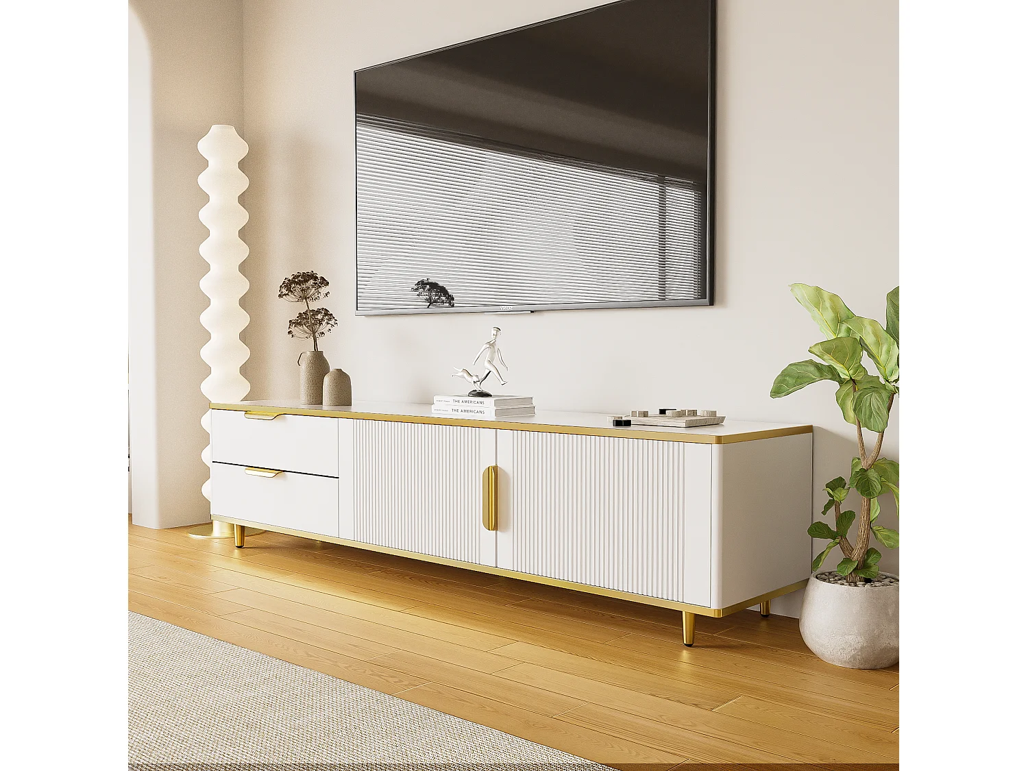 Mueble de TV con puertas talladas, diseño moderno, MDF, blanco y dorado, con 4 cajones y 2 compartimentos (175x40x45cm)