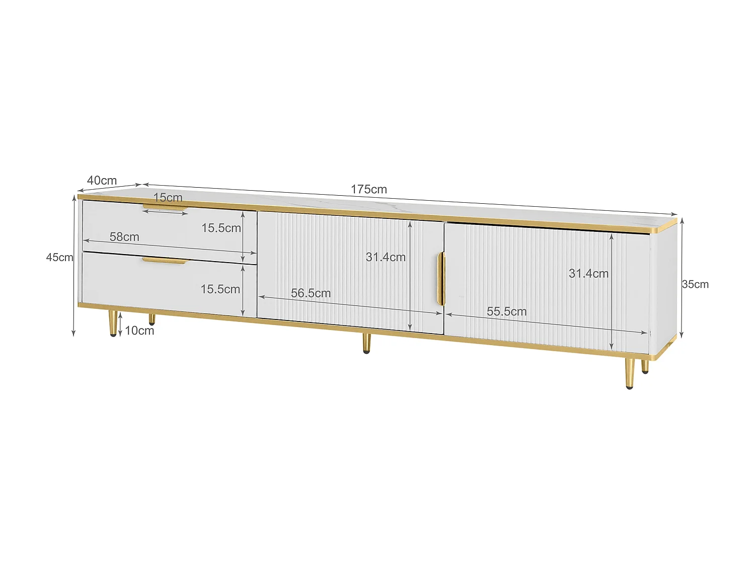 Mueble de TV con puertas talladas, diseño moderno, MDF, blanco y dorado, con 4 cajones y 2 compartimentos (175x40x45cm)