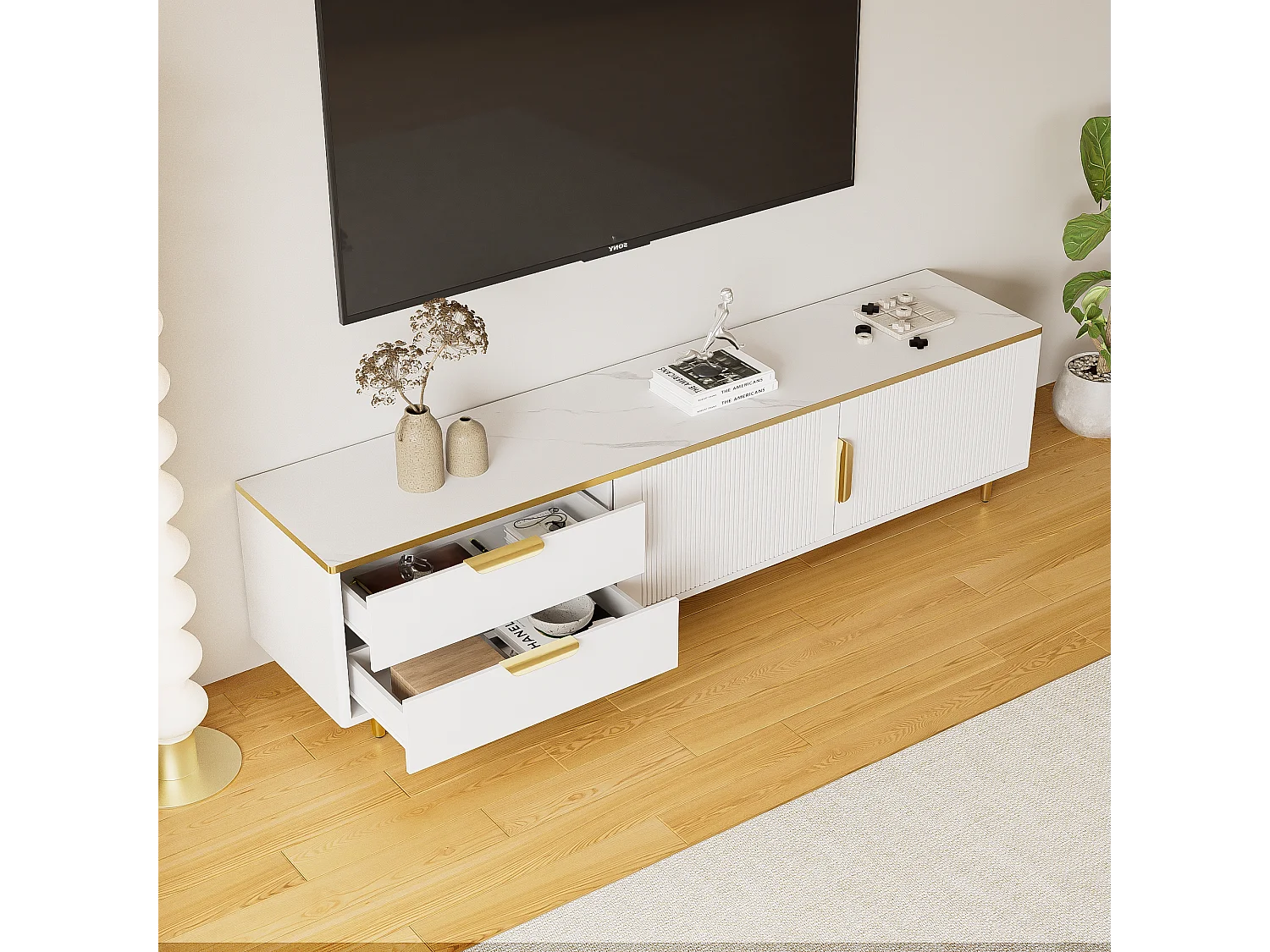 Meuble TV avec portes sculptées, design moderne, MDF, blanc et doré, avec 4 tiroirs et 2 compartiments (175x40x45cm)