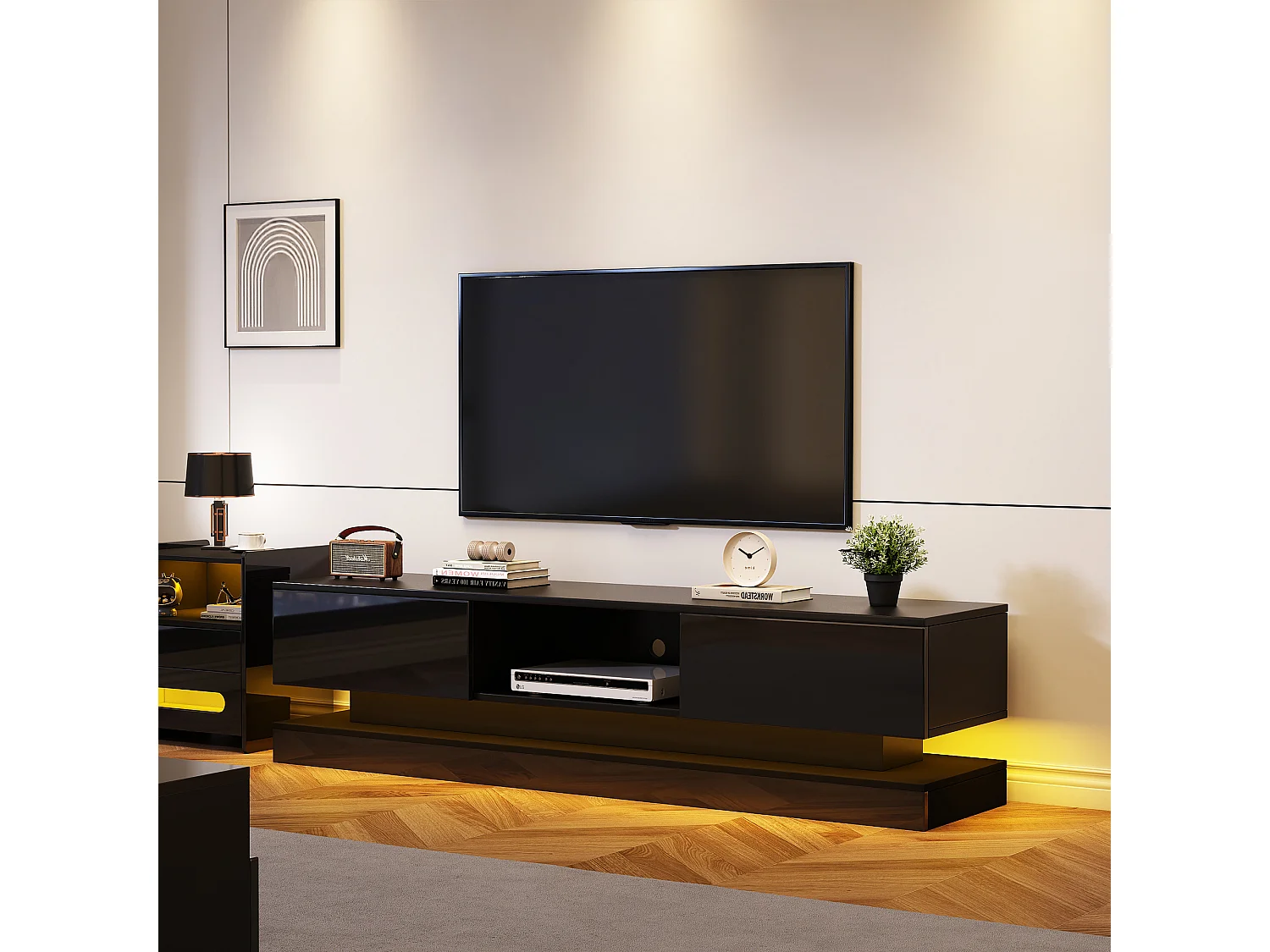 Hoogglans tv-meubel, LED, 160 cm, 2 lades, app-bediening, zwart design (160 x 35 x 40,5 cm)