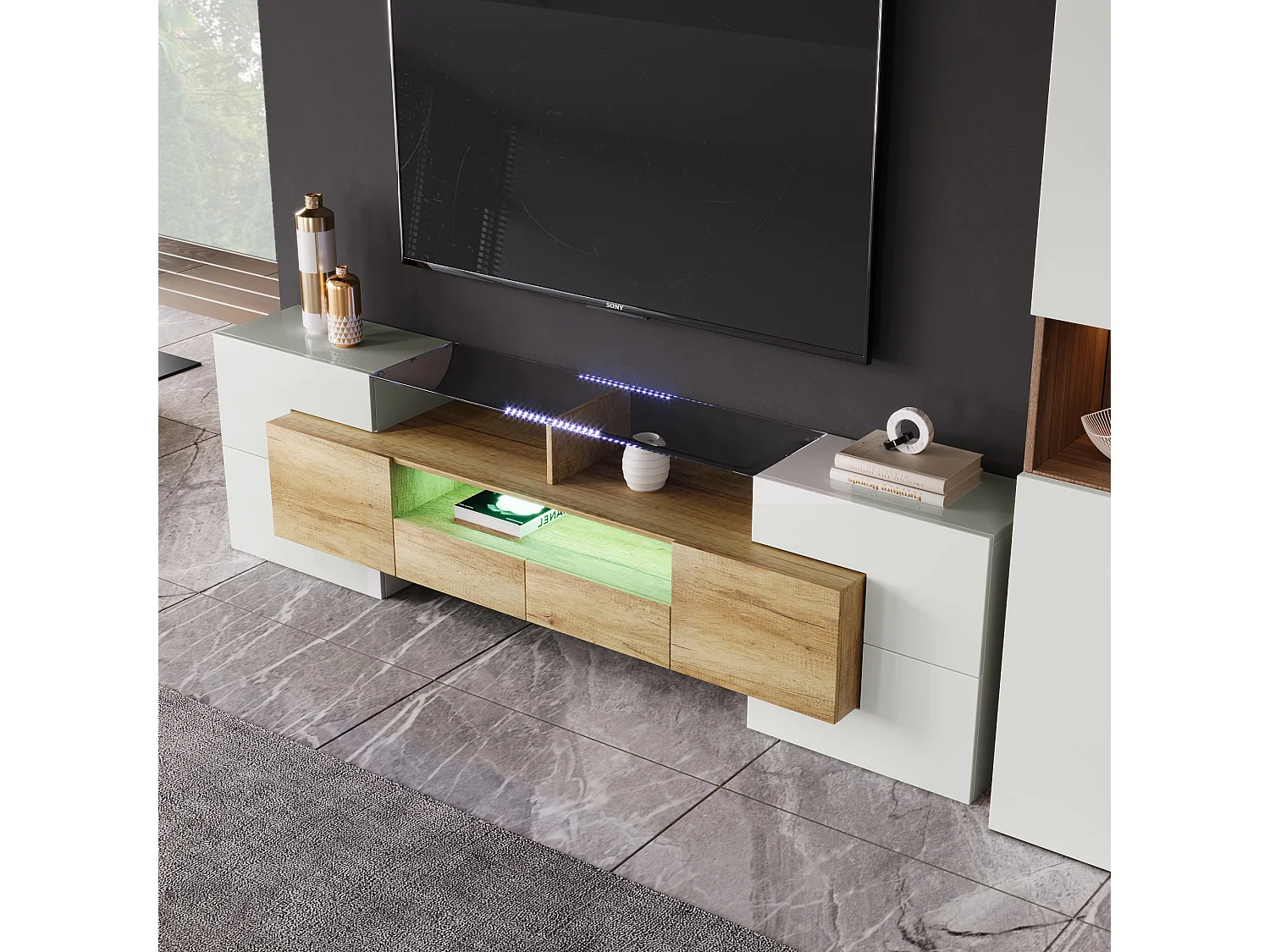 Mueble de TV, diseño moderno con LED, blanco brillo y madera, 2 cajones, 3 compartimentos, superficie de cristal (200x35x60cm)