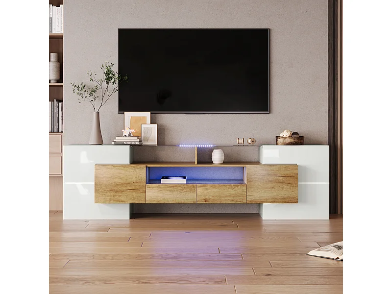 Mueble de TV, diseño moderno con LED, blanco brillo y madera, 2 cajones, 3 compartimentos, superficie de cristal (200x35x60cm)