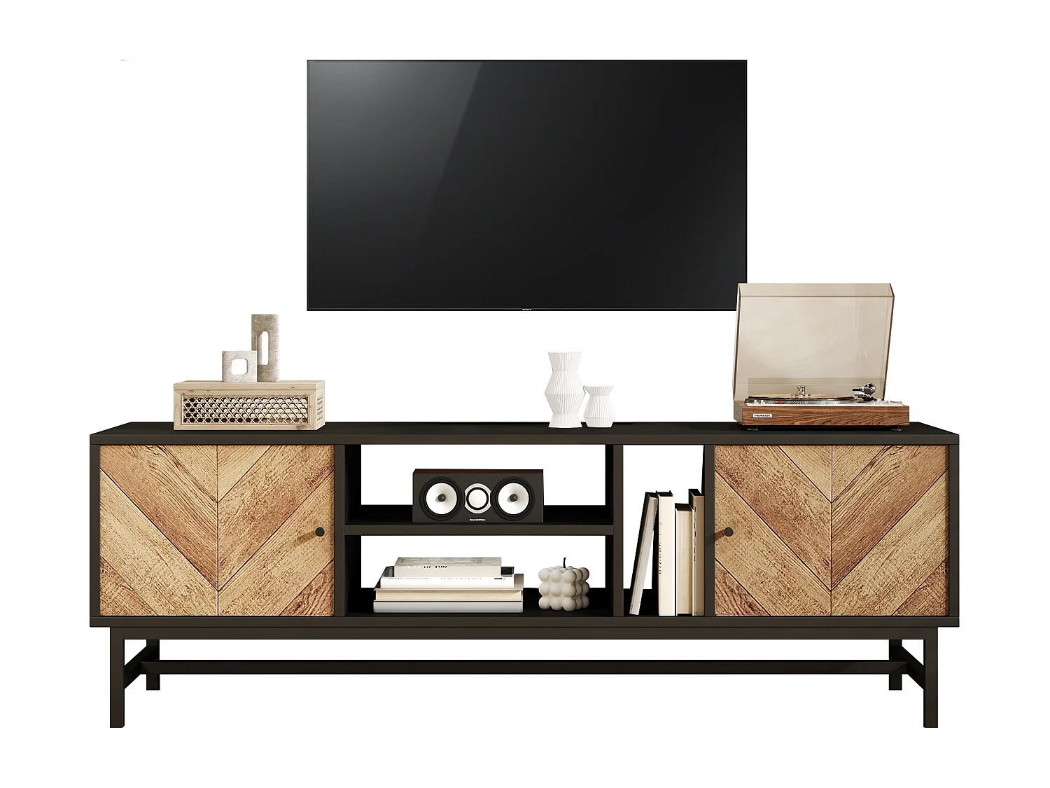 Meuble TV pour téléviseur de 65 pouces, design moderne avec 2 portes coulissantes, étagères ajustables, finition bois, noir et naturel (150x38x55 cm)