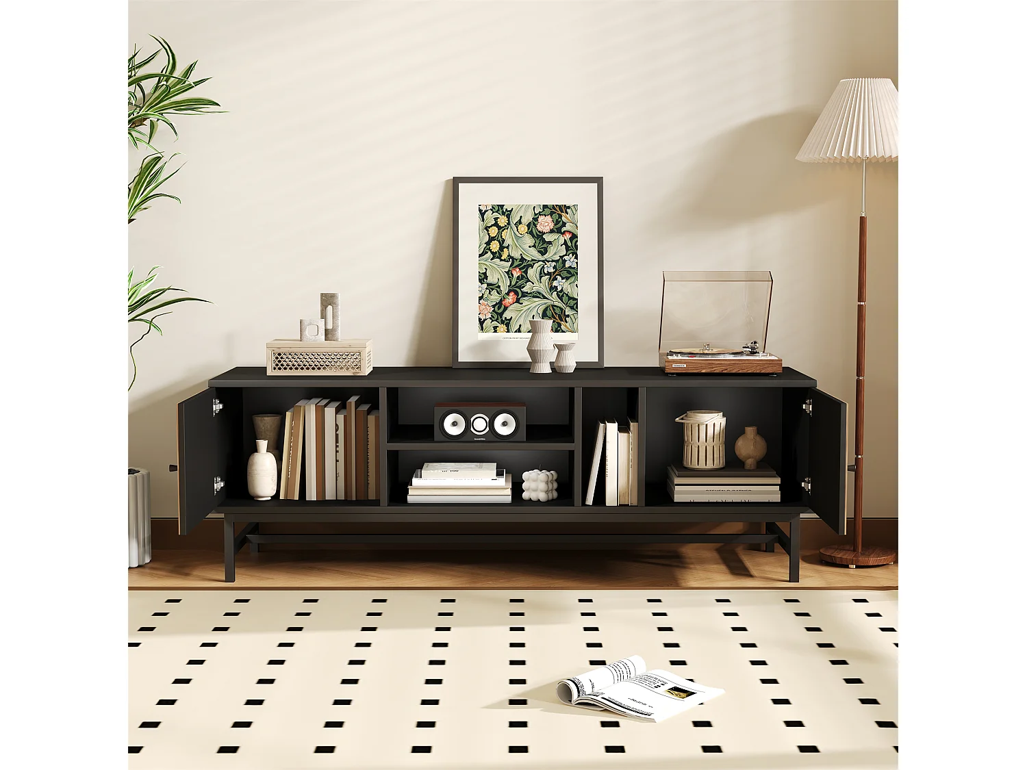 Meuble TV pour téléviseur de 65 pouces, design moderne avec 2 portes coulissantes, étagères ajustables, finition bois, noir et naturel (150x38x55 cm)