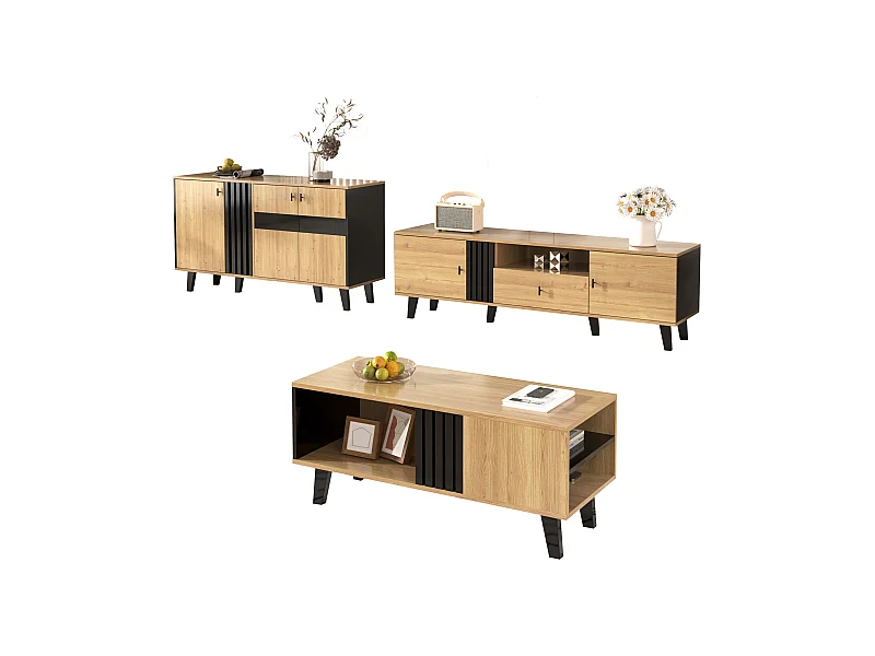 Ensemble meubles salon 3 pièces, table basse, meuble TV et buffet, design moderne en bois et noir(100x60x45 cm, 170x40x50.5 cm, 80x120x40 cm)