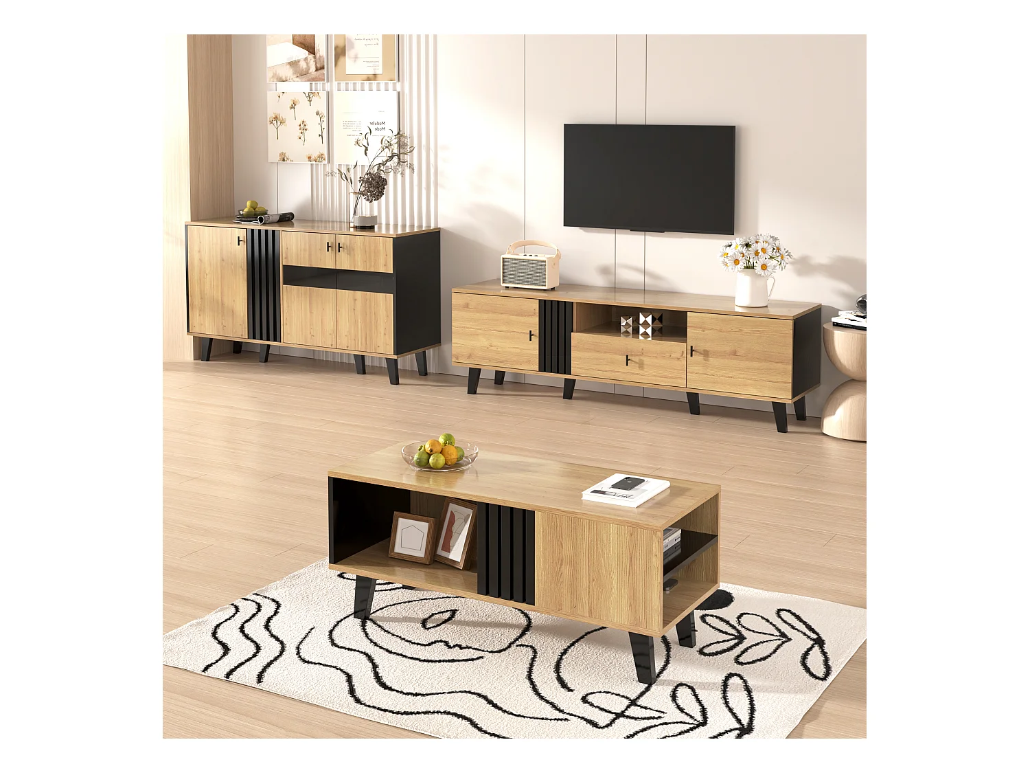 Ensemble meubles salon 3 pièces, table basse, meuble TV et buffet, design moderne en bois et noir(100x60x45 cm, 170x40x50.5 cm, 80x120x40 cm)