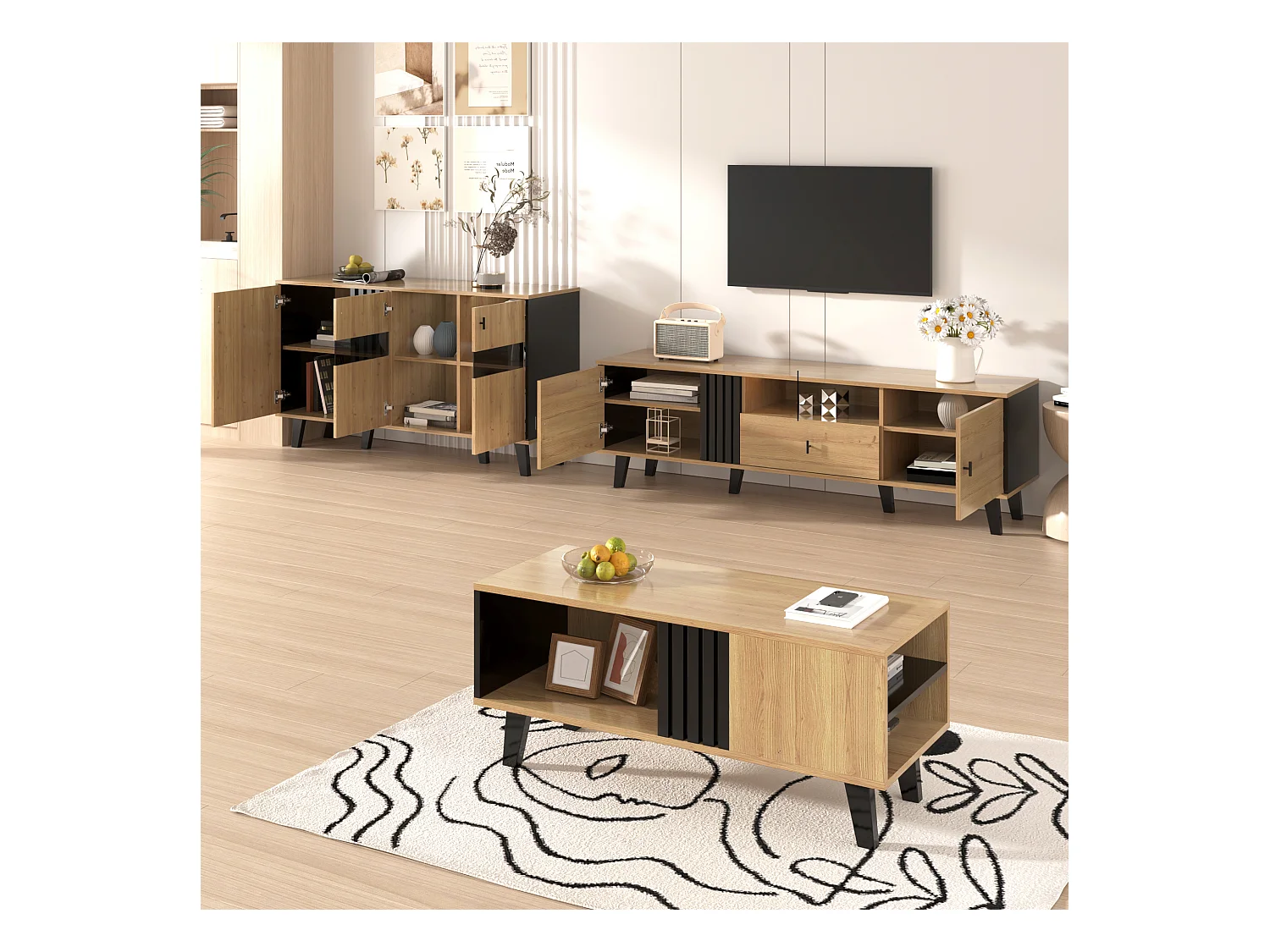 Ensemble meubles salon 3 pièces, table basse, meuble TV et buffet, design moderne en bois et noir(100x60x45 cm, 170x40x50.5 cm, 80x120x40 cm)