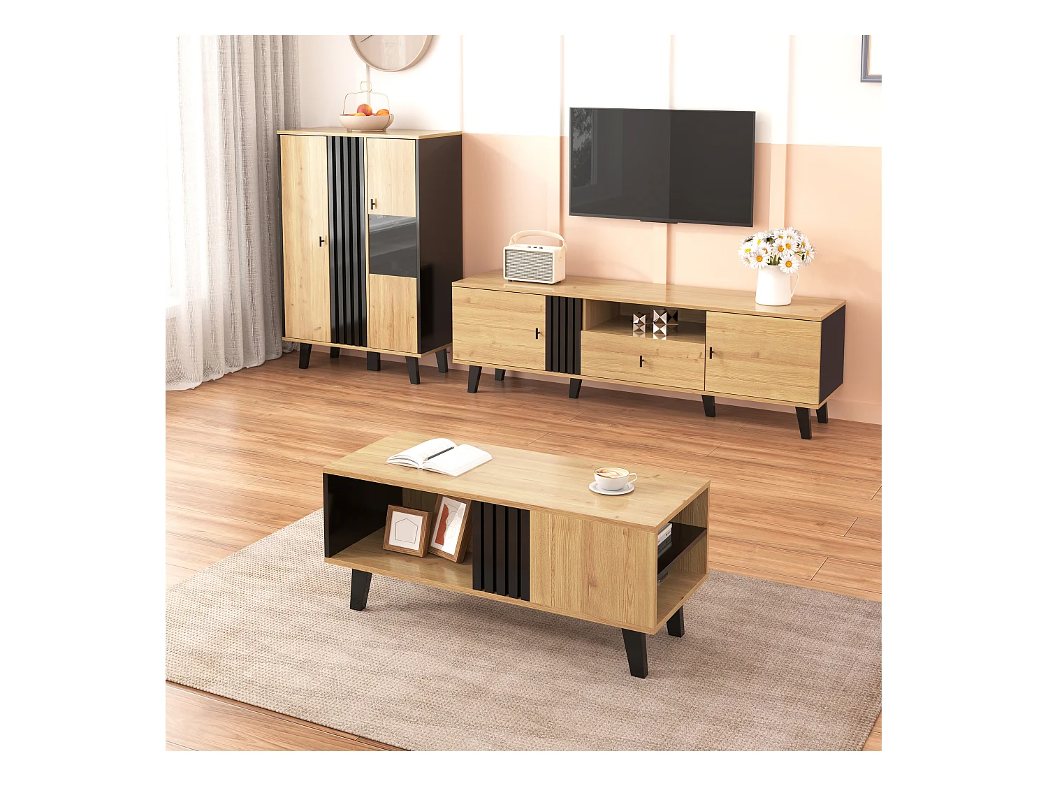 Ensemble meubles salon 3 pièces, table basse, meuble TV et buffet, design moderne en bois et noir(100x60x45 cm, 170x40x50.5 cm, 80x120x40 cm)