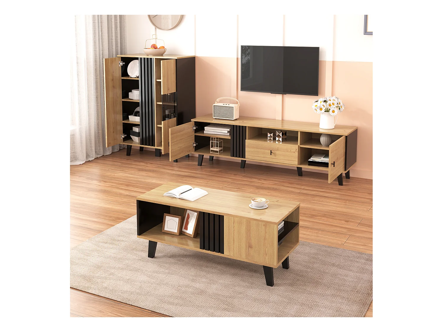 Ensemble meubles salon 3 pièces, table basse, meuble TV et buffet, design moderne en bois et noir(100x60x45 cm, 170x40x50.5 cm, 80x120x40 cm)