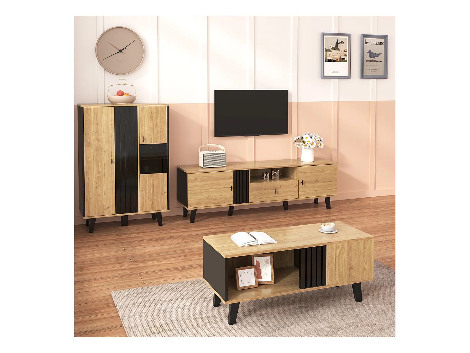 Ensemble meubles salon 3 pièces, table basse, meuble TV et buffet, design moderne en bois et noir(100x60x45 cm, 170x40x50.5 cm, 80x120x40 cm)