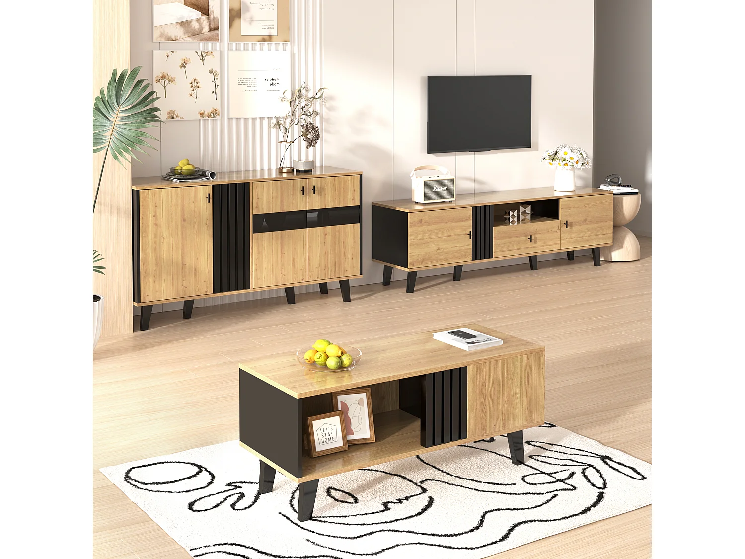 Ensemble meubles salon 3 pièces, table basse, meuble TV et buffet, design moderne en bois et noir(100x60x45 cm, 170x40x50.5 cm, 80x120x40 cm)