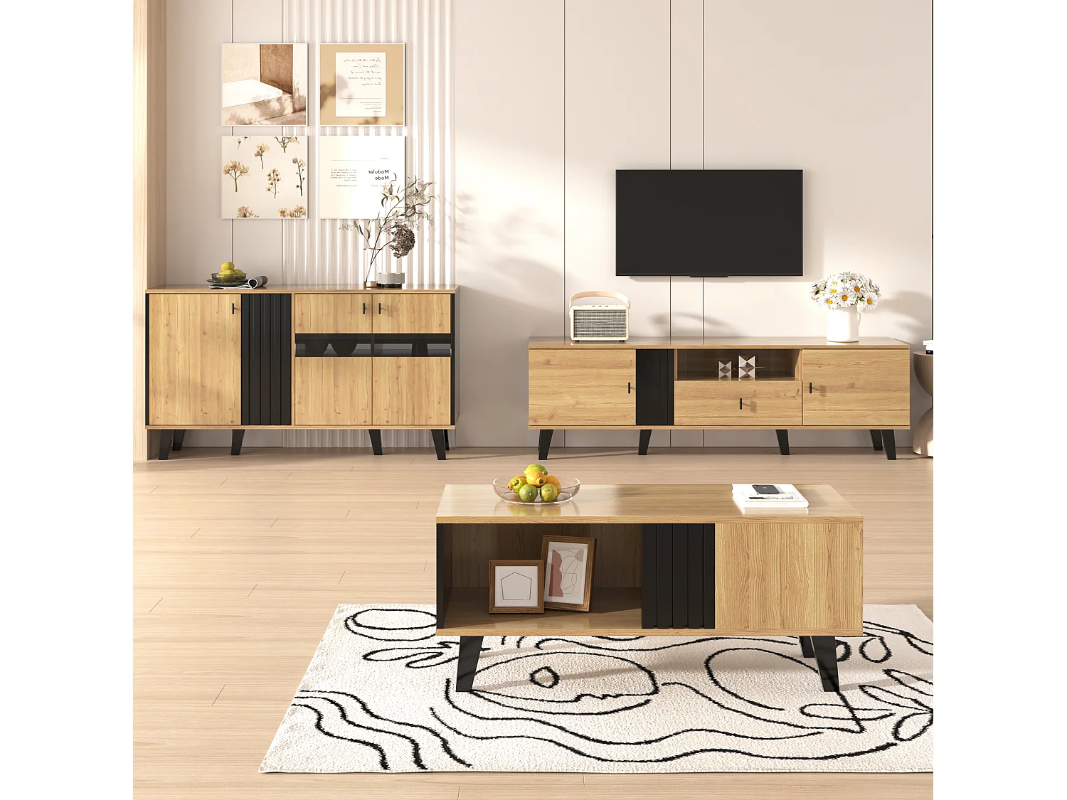 Ensemble meubles salon 3 pièces, table basse, meuble TV et buffet, design moderne en bois et noir(100x60x45 cm, 170x40x50.5 cm, 80x120x40 cm)
