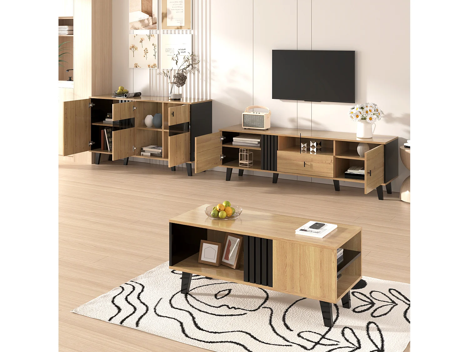 Ensemble meubles salon 3 pièces, table basse, meuble TV et buffet, design moderne en bois et noir(100x60x45 cm, 170x40x50.5 cm, 80x120x40 cm)