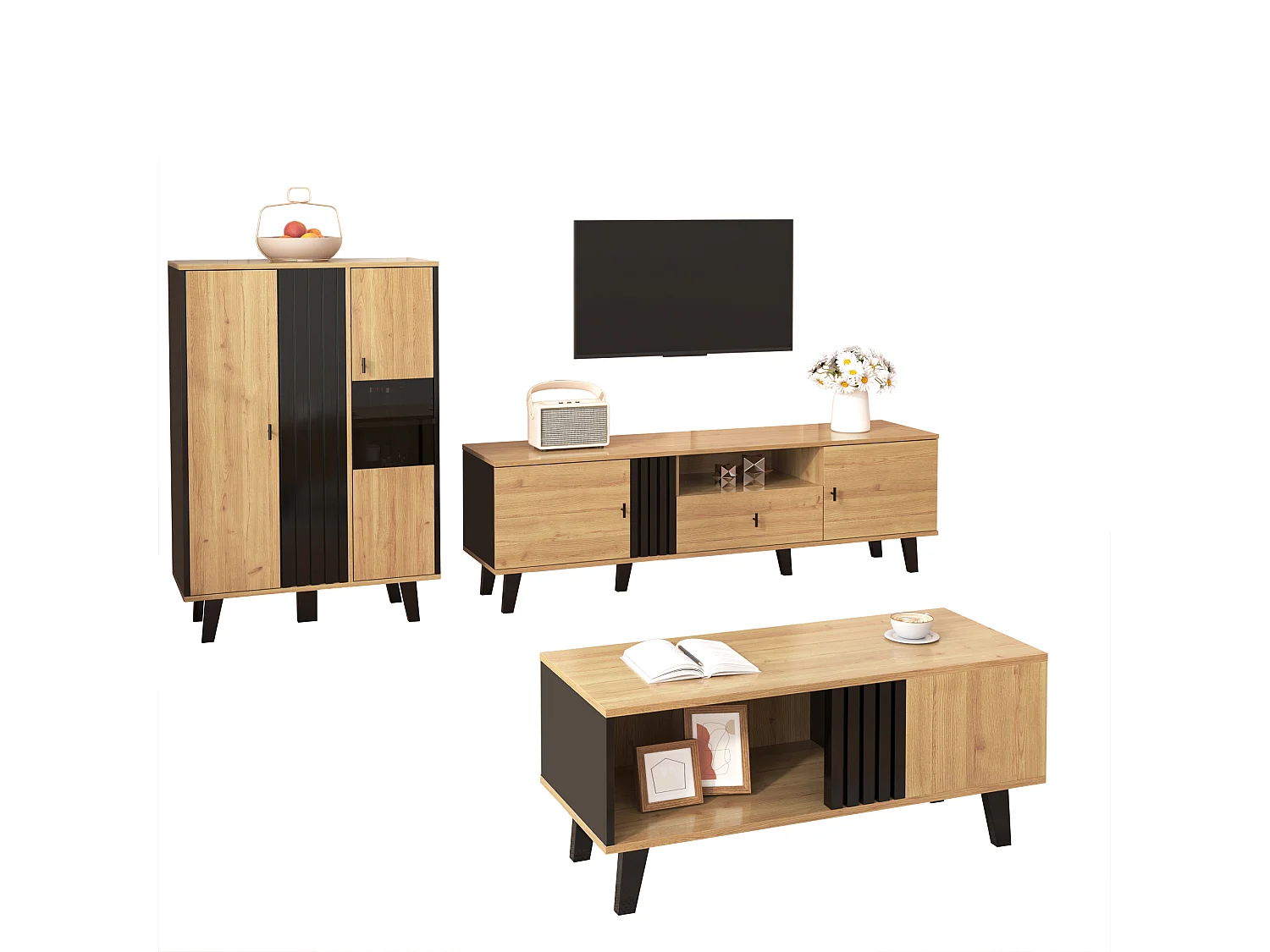 Ensemble meubles salon 3 pièces, table basse, meuble TV et buffet, design moderne en bois et noir(100x60x45 cm, 170x40x50.5 cm, 80x120x40 cm)