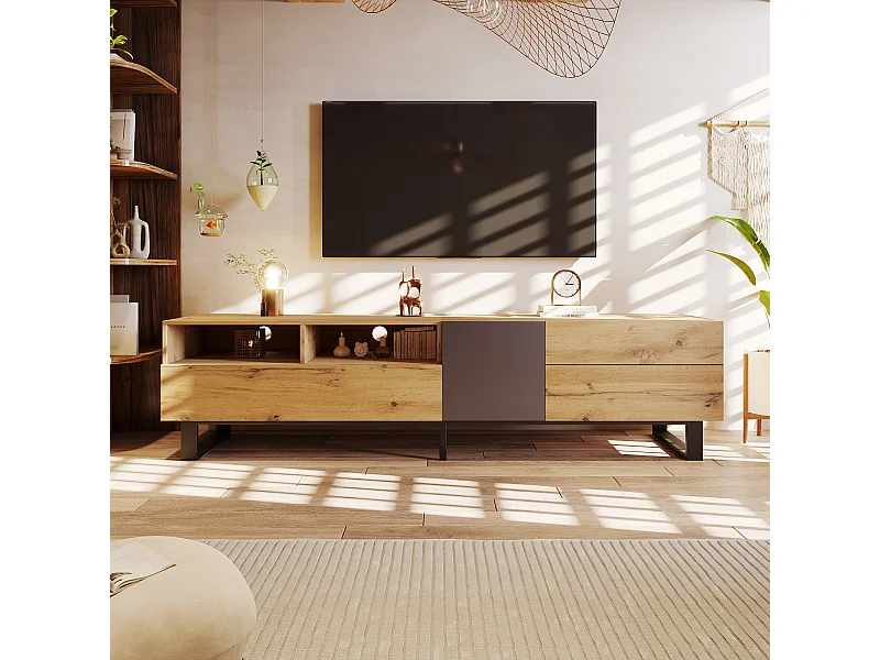 180 cm kleurenblok-tv-meubel, 2 kasten en 2 lades, zwart MDF en hout, tv tot 59 inch (180 x 37 x 42 cm)