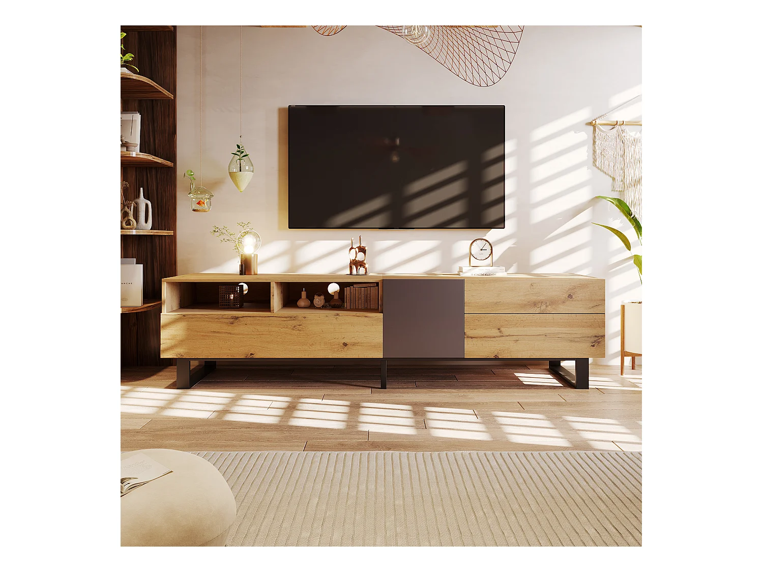 Meuble TV 180cm Design Colorblocking, 2 Armoires et 2 Tiroirs, MDF Noir et Bois, Téléviseur jusqu'à 59 pouces (180x37x42cm)