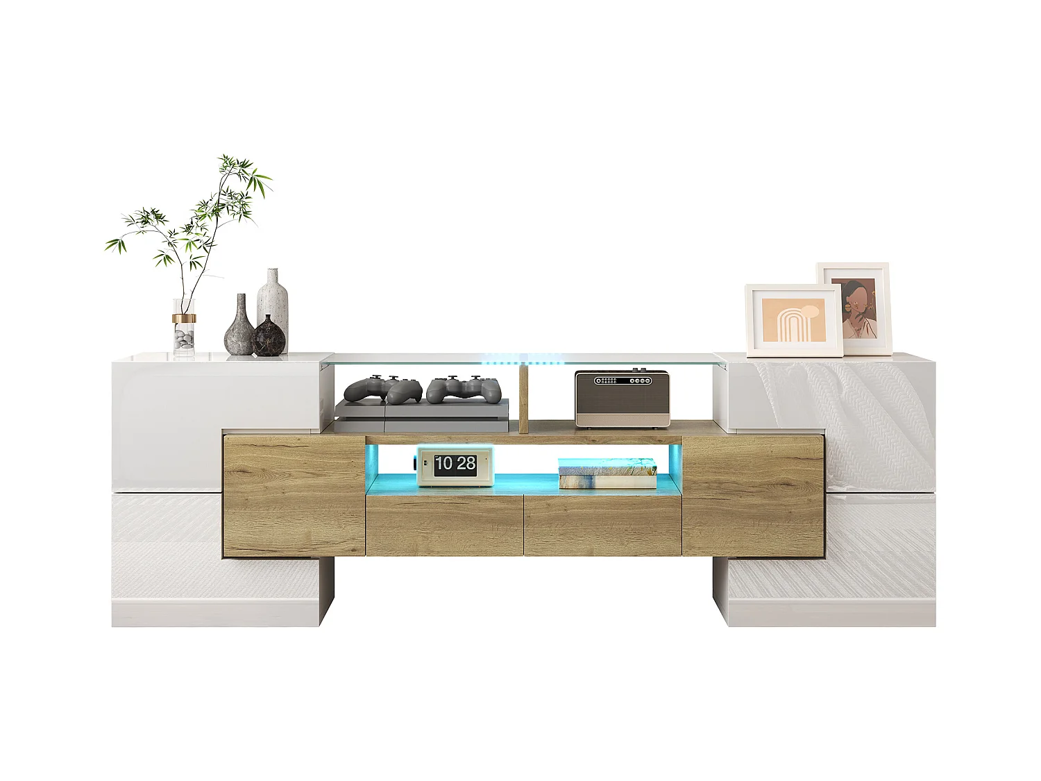 Meuble TV avec 16 couleurs LED, design moderne, surface laquée et verre élégant, noir et bois, (145x30x51cm)