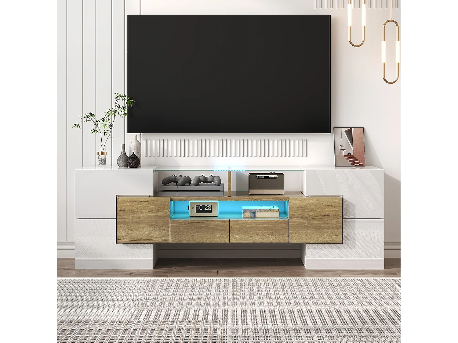 Mueble de TV con 16 colores LED, diseño moderno, superficie lacada y elegante cristal, negro y madera, (145x30x51cm)