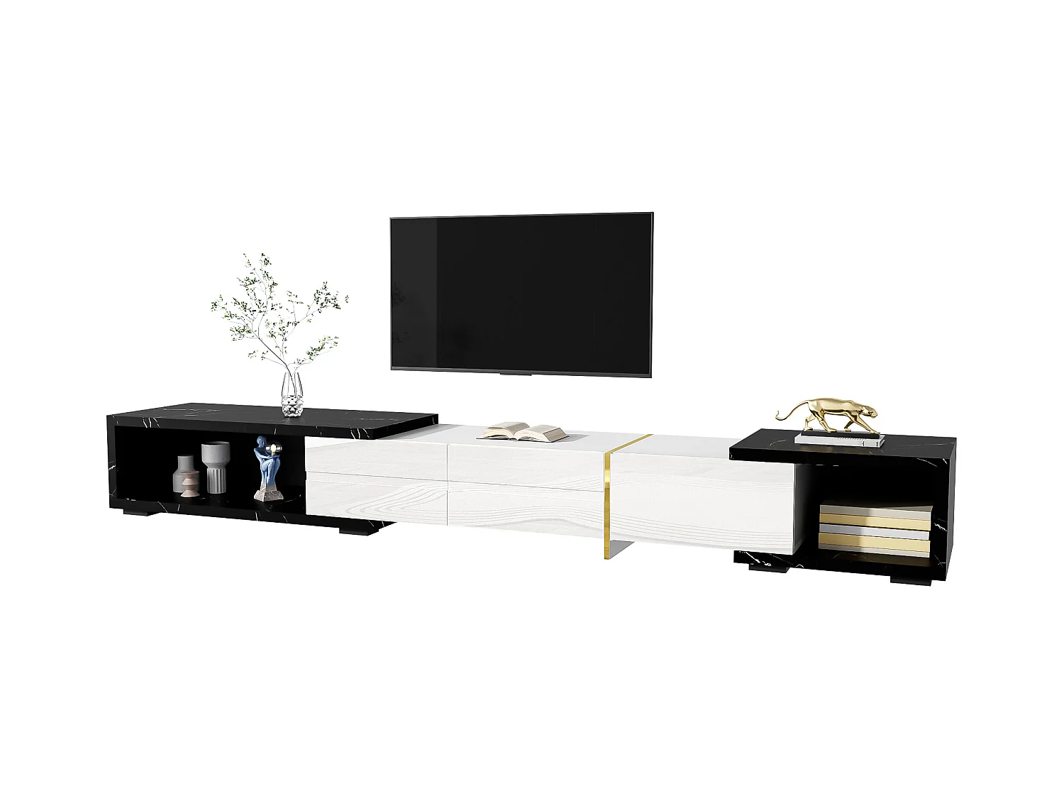 TV-meubel met variabele lengte (140-260 cm), draaifunctie, zwart-wit marmerdesign, met gouden afwerking, (140-260x40x30cm)