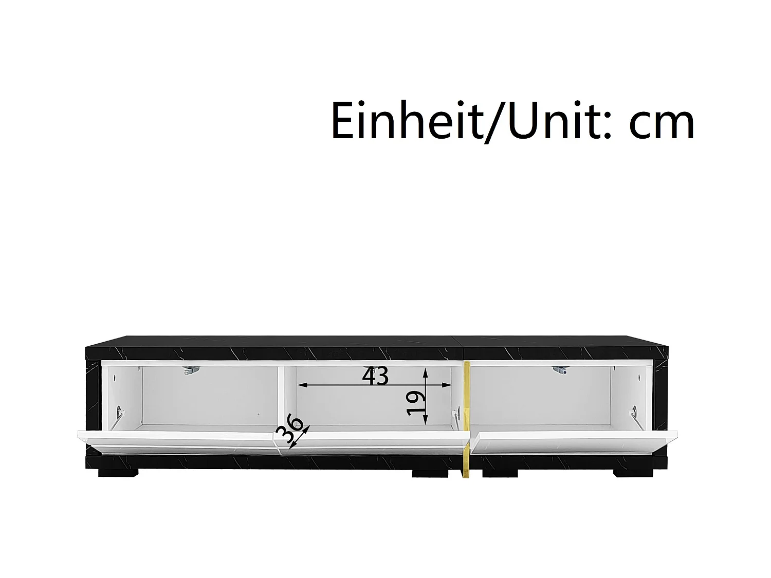 TV-meubel met variabele lengte (140-260 cm), draaifunctie, zwart-wit marmerdesign, met gouden afwerking, (140-260x40x30cm)