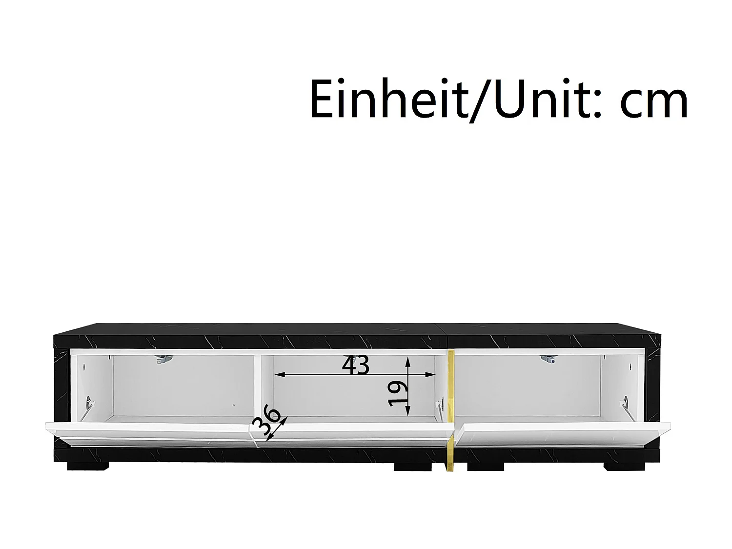 Meuble TV avec longueur variable (140-260cm), fonction rotative, design marbre noir et blanc, avec finitions dorées, (140-260x40x30cm)