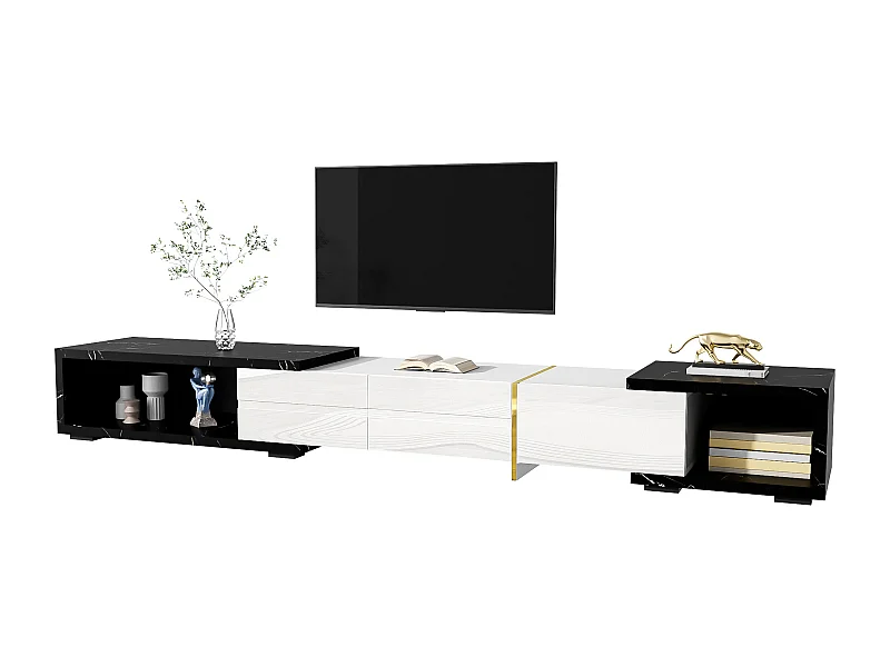 TV-meubel met variabele lengte (140-260 cm), draaifunctie, zwart-wit marmerdesign, met gouden afwerking, (140-260x40x30cm)
