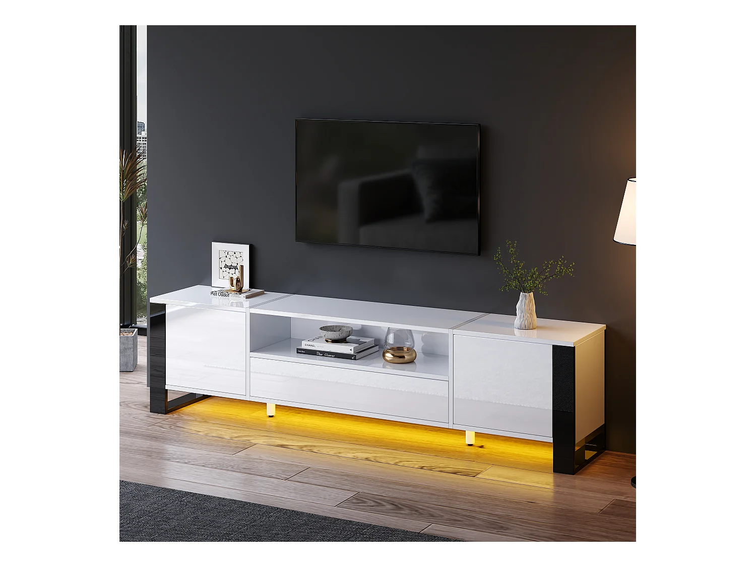 Meuble TV Haut Brillant Blanc avec LED, Rangement et 178cm pour TV jusqu'à 70 pouces (178x40x54cm)