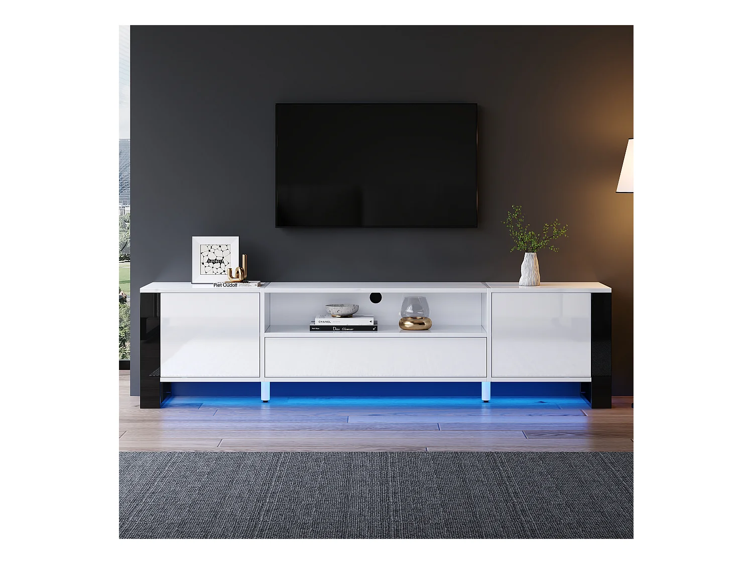 Meuble TV Haut Brillant Blanc avec LED, Rangement et 178cm pour TV jusqu'à 70 pouces (178x40x54cm)