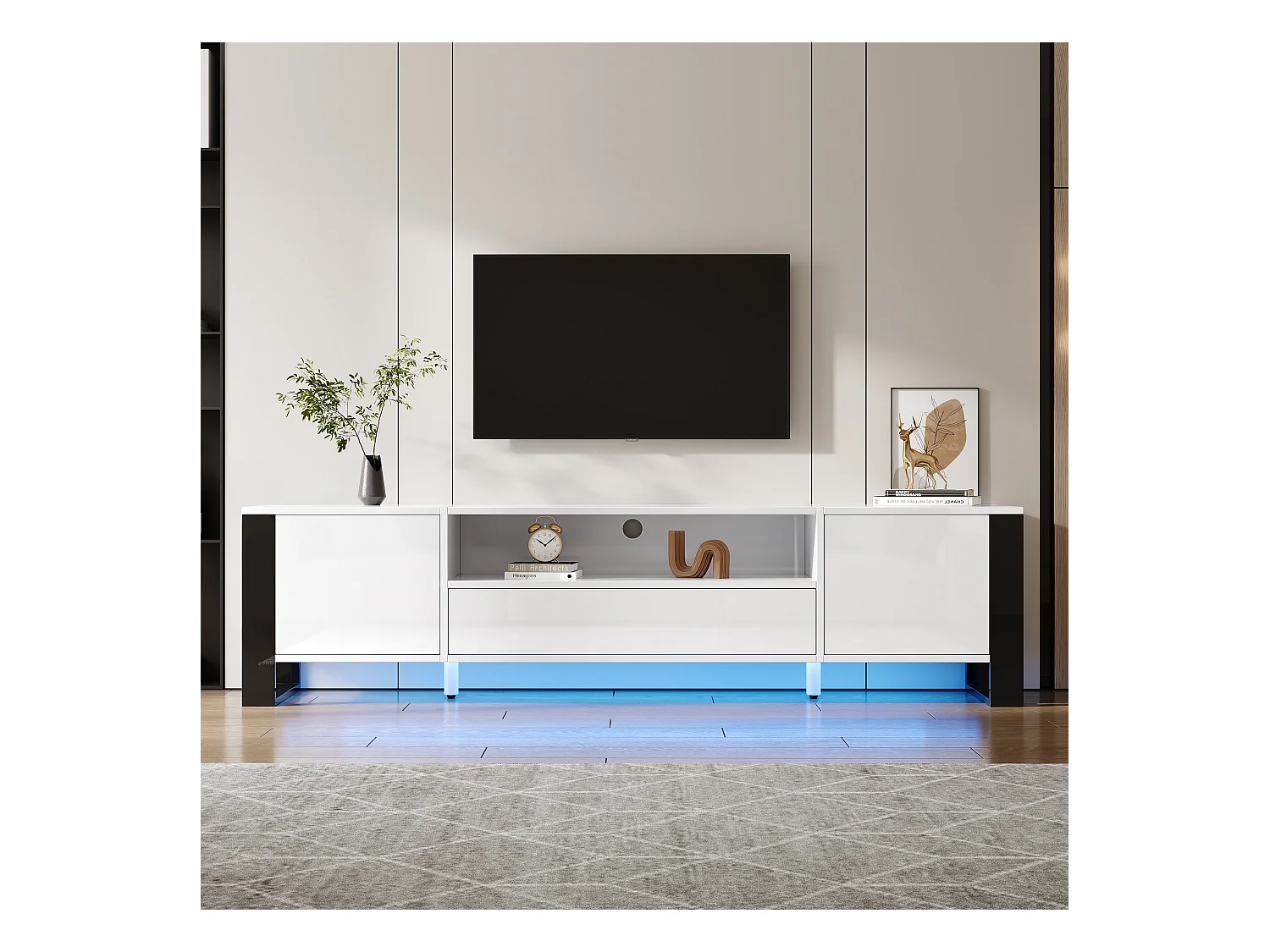 Meuble TV Haut Brillant Blanc avec LED, Rangement et 178cm pour TV jusqu'à 70 pouces (178x40x54cm)