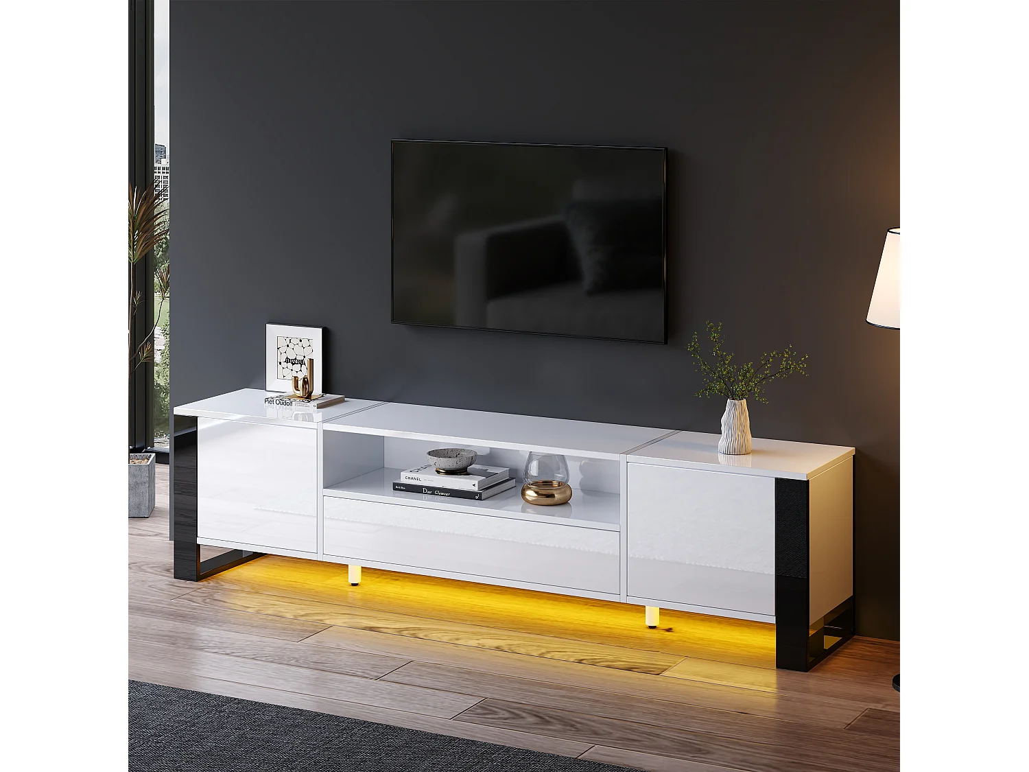Meuble TV Haut Brillant Blanc avec LED, Rangement et 178cm pour TV jusqu'à 70 pouces (178x40x54cm)