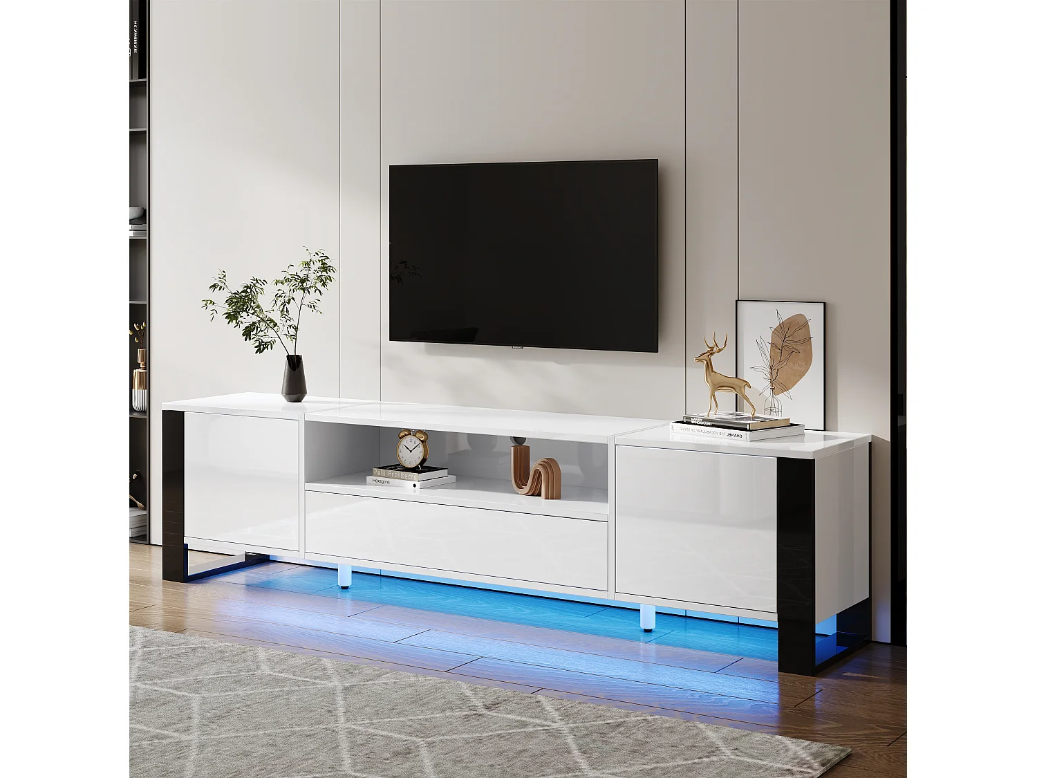 Meuble TV Haut Brillant Blanc avec LED, Rangement et 178cm pour TV jusqu'à 70 pouces (178x40x54cm)