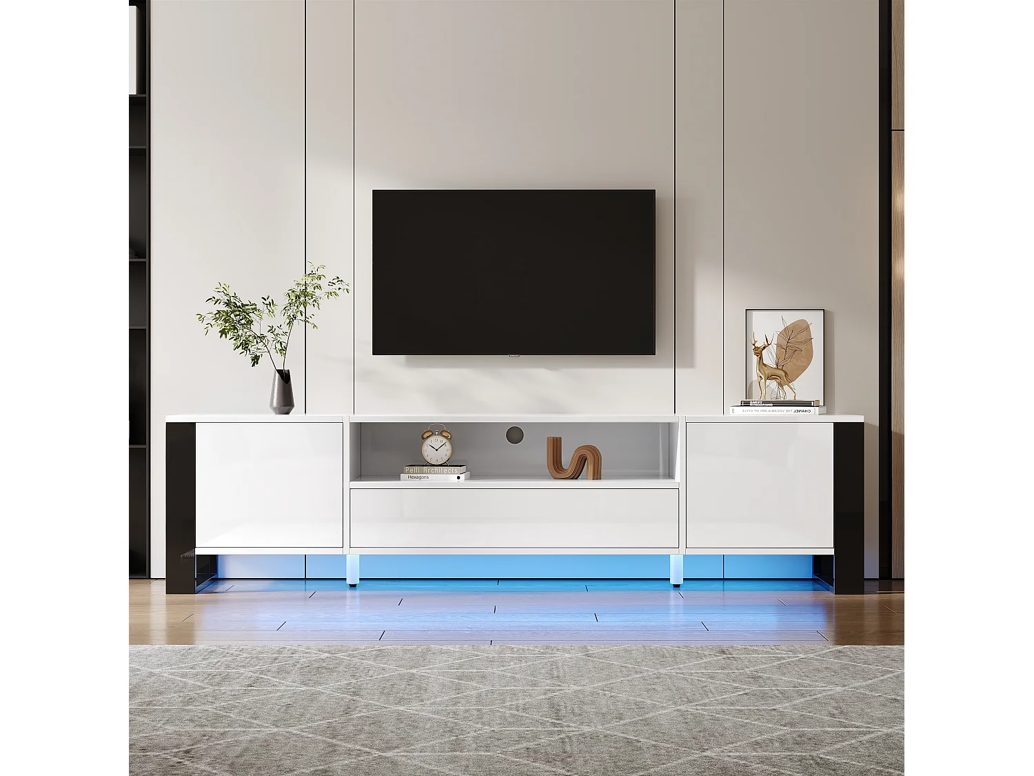Meuble TV Haut Brillant Blanc avec LED, Rangement et 178cm pour TV jusqu'à 70 pouces (178x40x54cm)