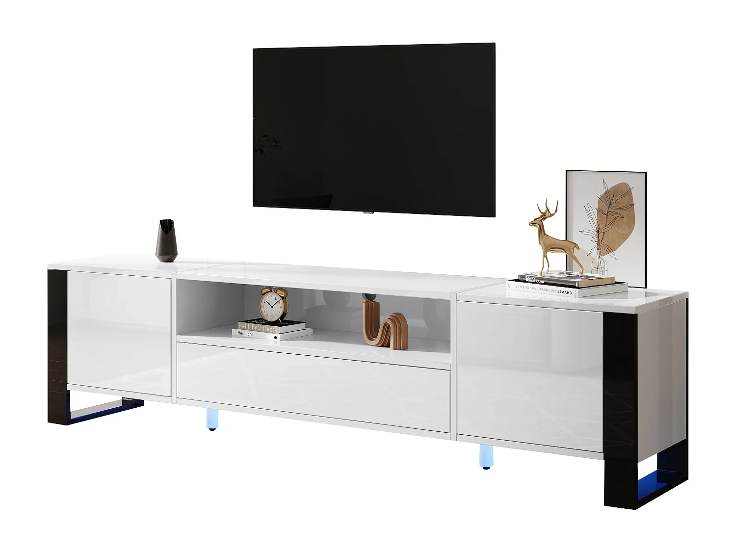 Meuble TV Haut Brillant Blanc avec LED, Rangement et 178cm pour TV jusqu'à 70 pouces (178x40x54cm)