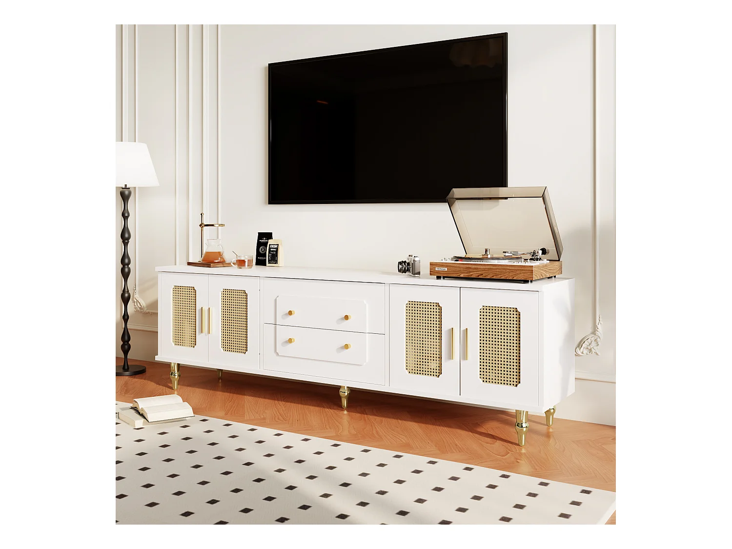 Meuble TV Rétro Blanc, 2 Portes, 2 Tiroirs, Rattan et Métal, Design Élégant (177x38x53cm)