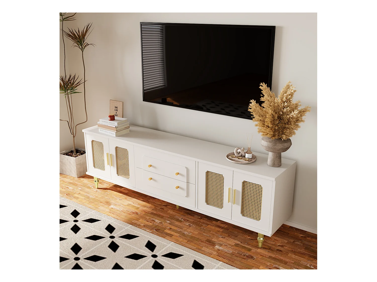 Meuble TV Rétro Blanc, 2 Portes, 2 Tiroirs, Rattan et Métal, Design Élégant (177x38x53cm)