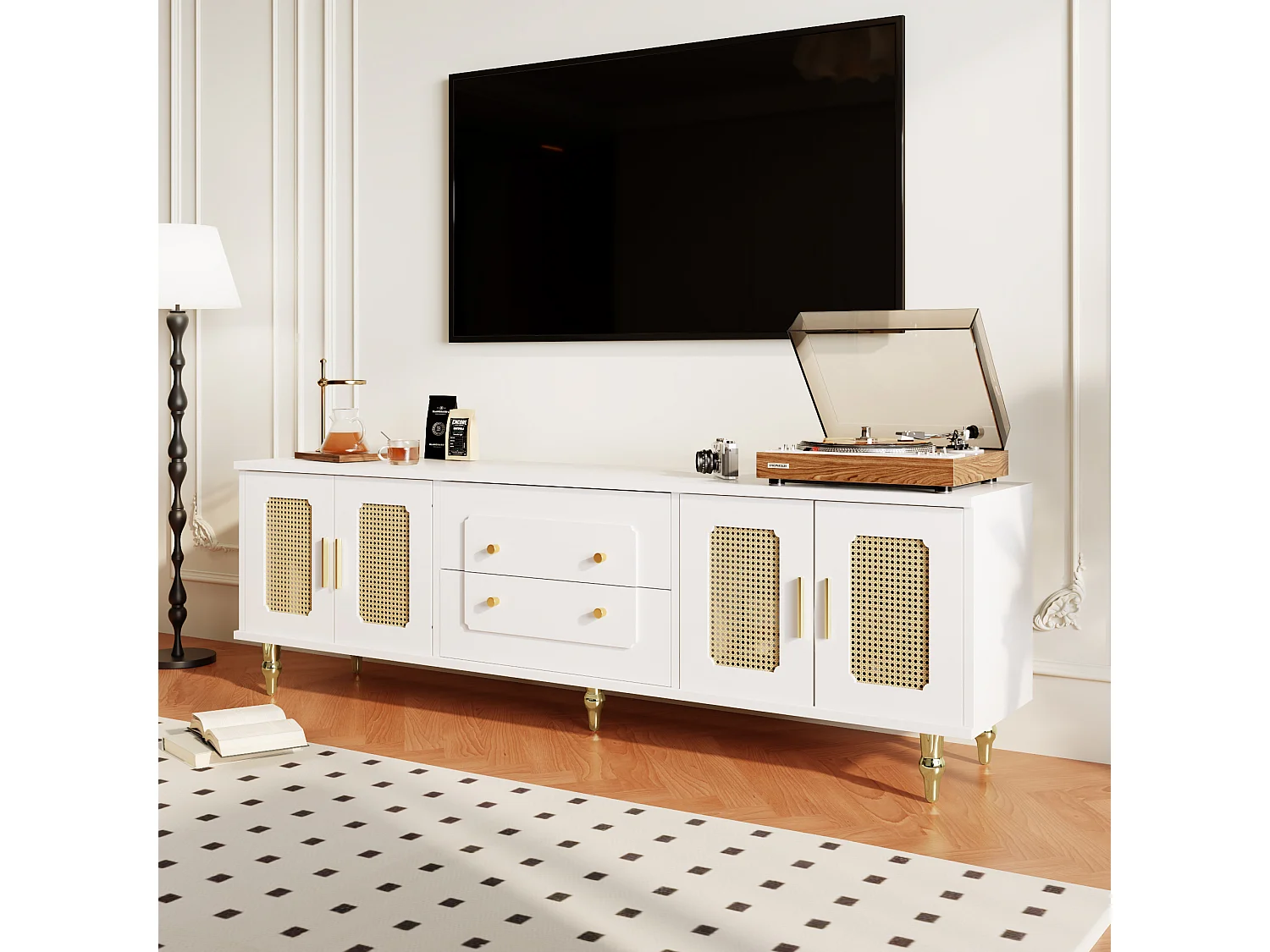 Meuble TV Rétro Blanc, 2 Portes, 2 Tiroirs, Rattan et Métal, Design Élégant (177x38x53cm)
