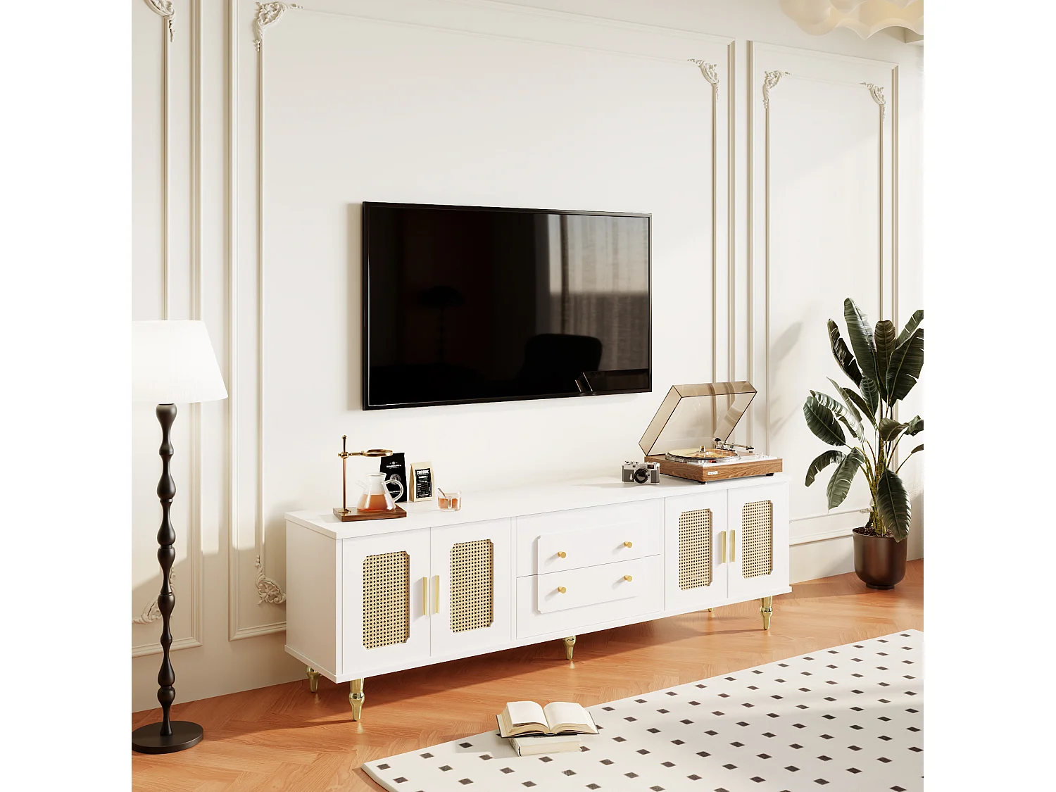 Meuble TV Rétro Blanc, 2 Portes, 2 Tiroirs, Rattan et Métal, Design Élégant (177x38x53cm)