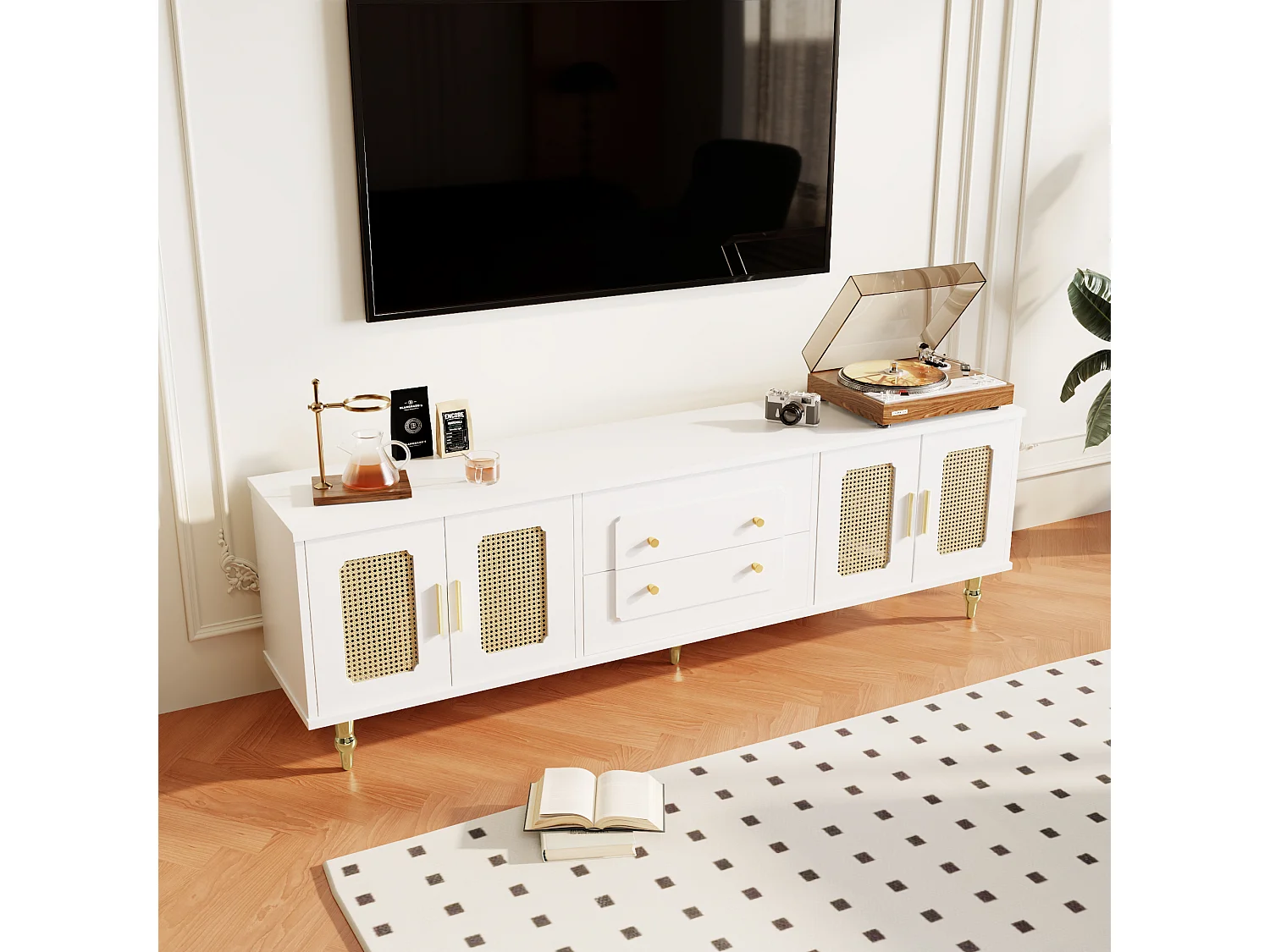 Meuble TV Rétro Blanc, 2 Portes, 2 Tiroirs, Rattan et Métal, Design Élégant (177x38x53cm)