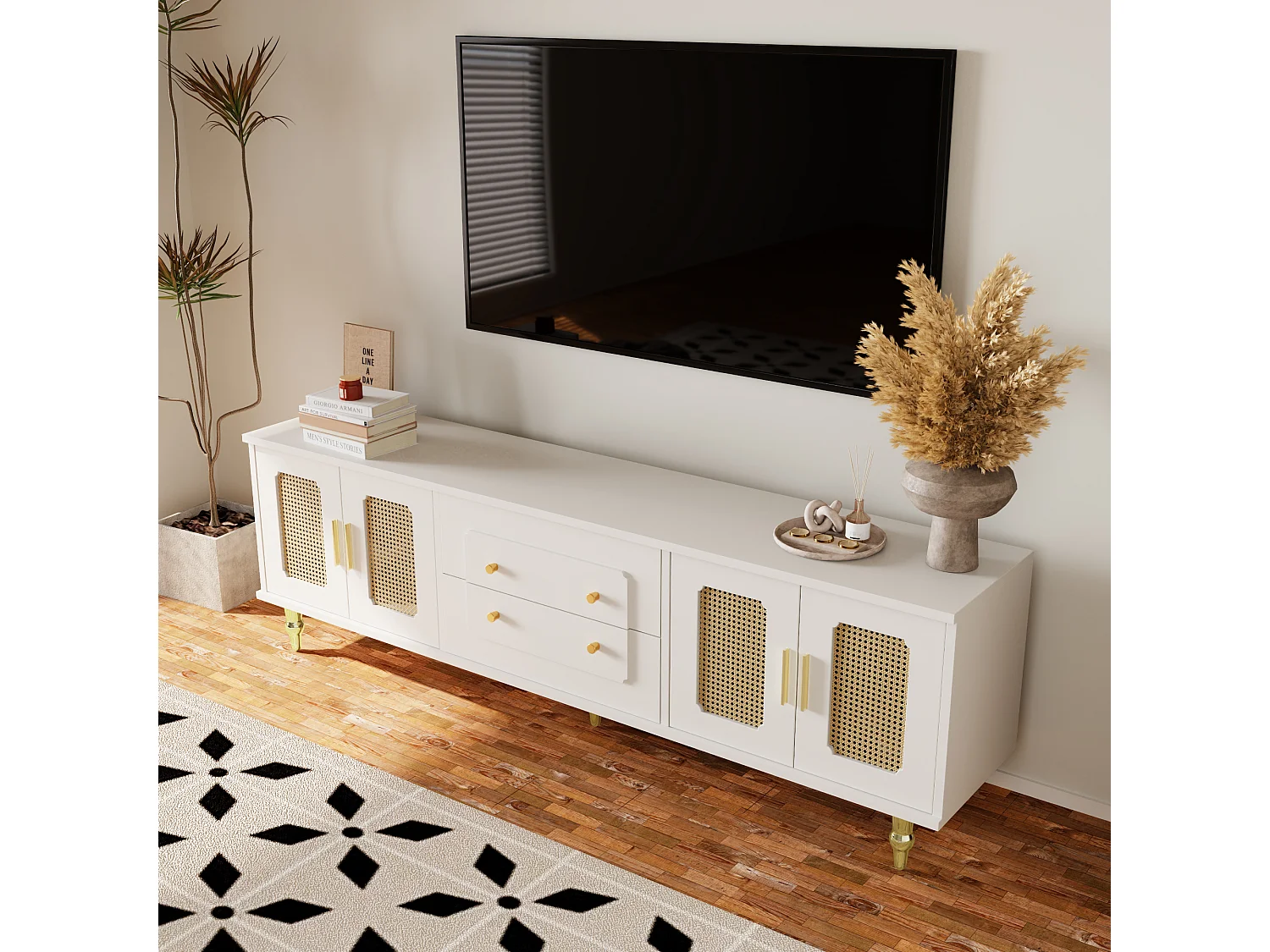 Meuble TV Rétro Blanc, 2 Portes, 2 Tiroirs, Rattan et Métal, Design Élégant (177x38x53cm)