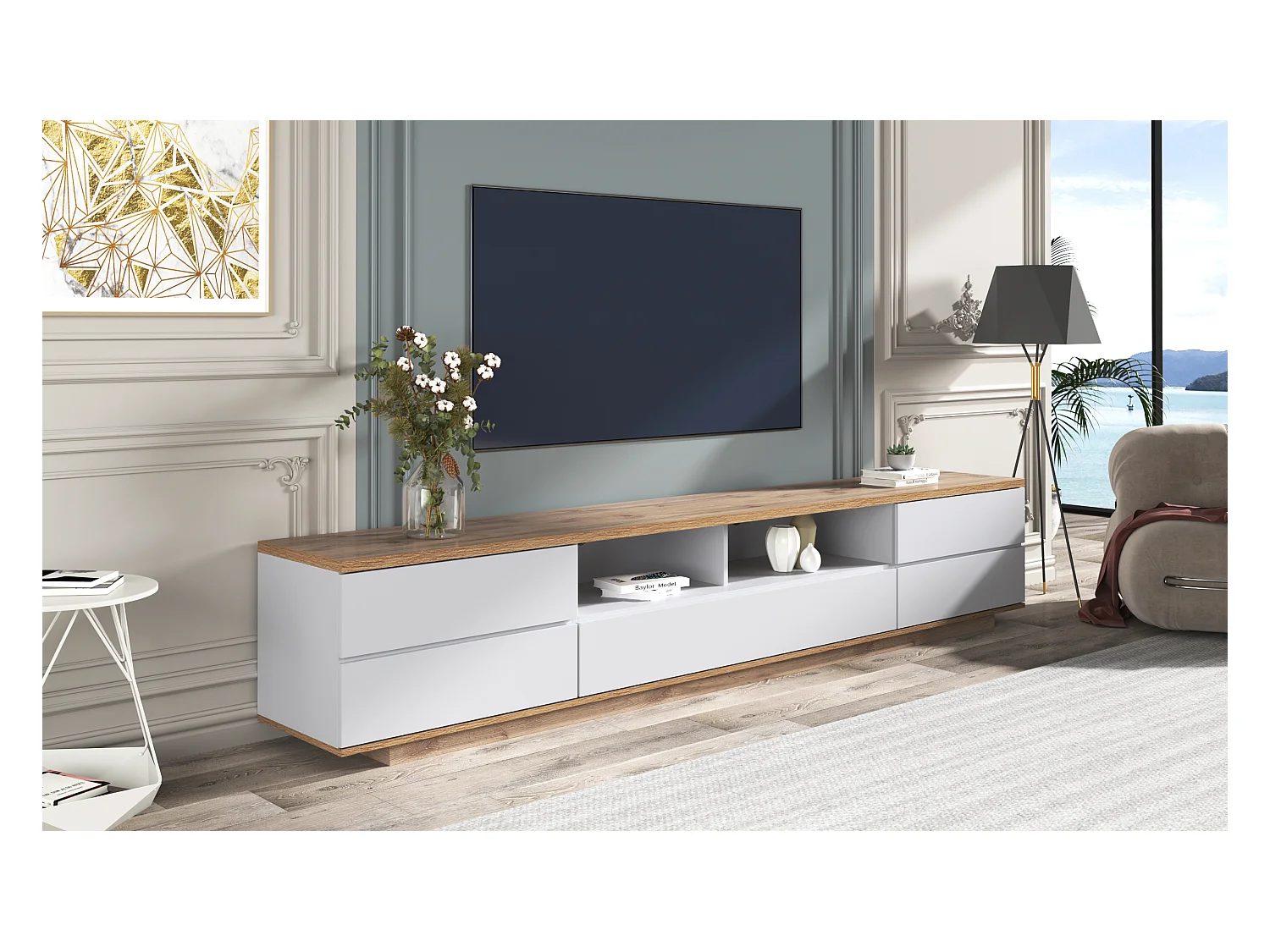 Meuble TV 180cm avec Design en Bloc de Couleur, 2 Armoires et 3 Compartiments, MDF Blanc avec Finition Bois (180x38x46cm)