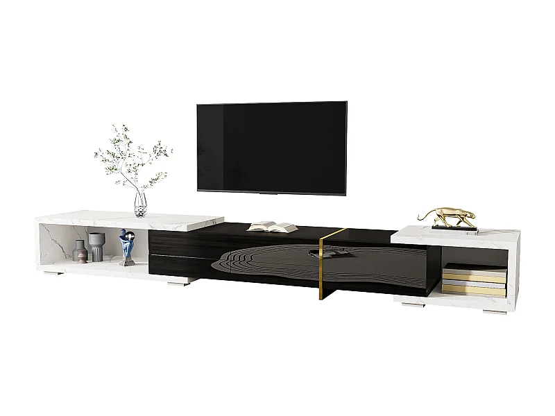 Mueble de TV de longitud variable (140-260cm), diseño moderno, en blanco jaspeado y negro, con funciones giratorias, (140-260x30x50cm)